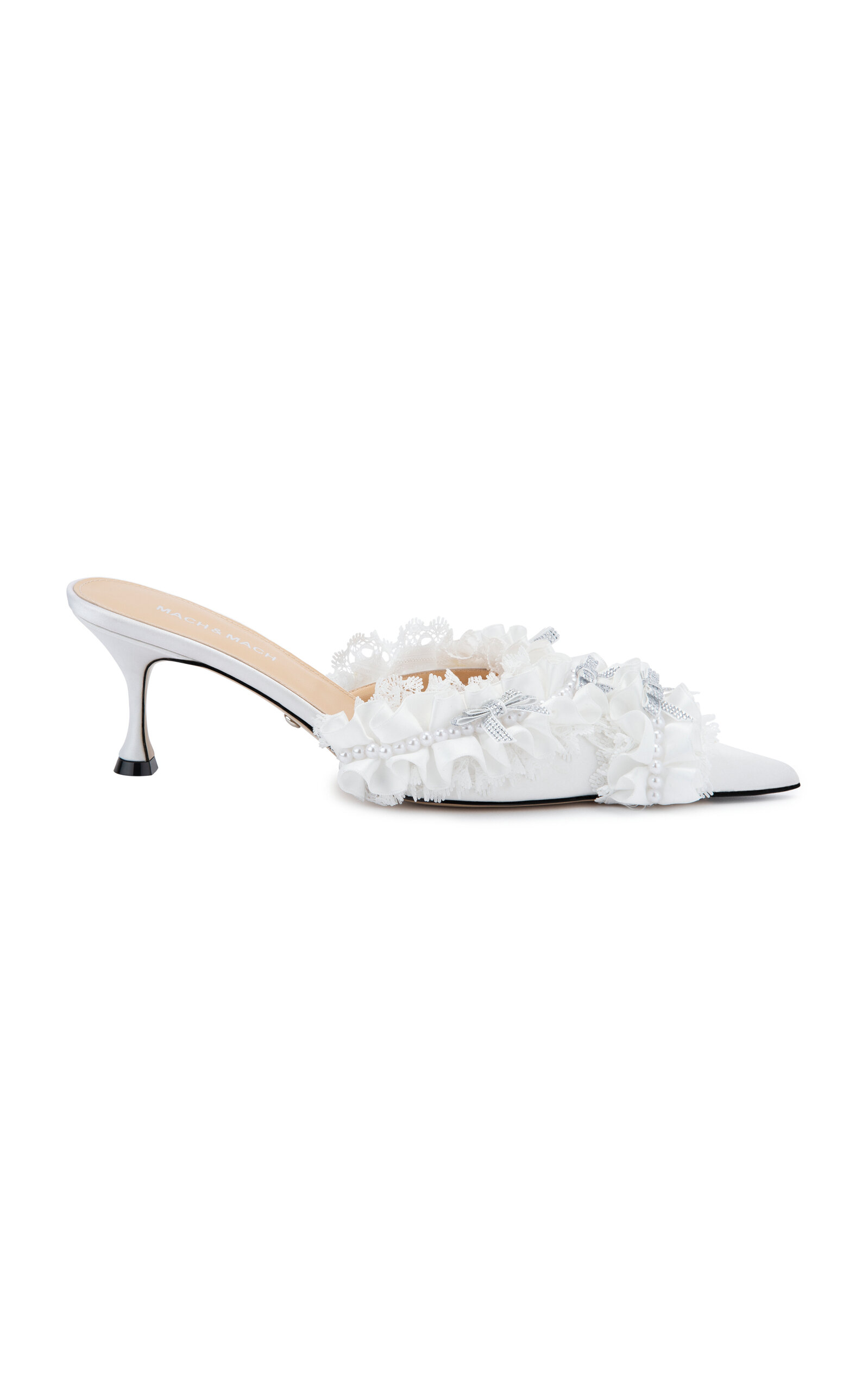Mach&mach Beauty Of Antoinette Ruffled Satin Mules In White