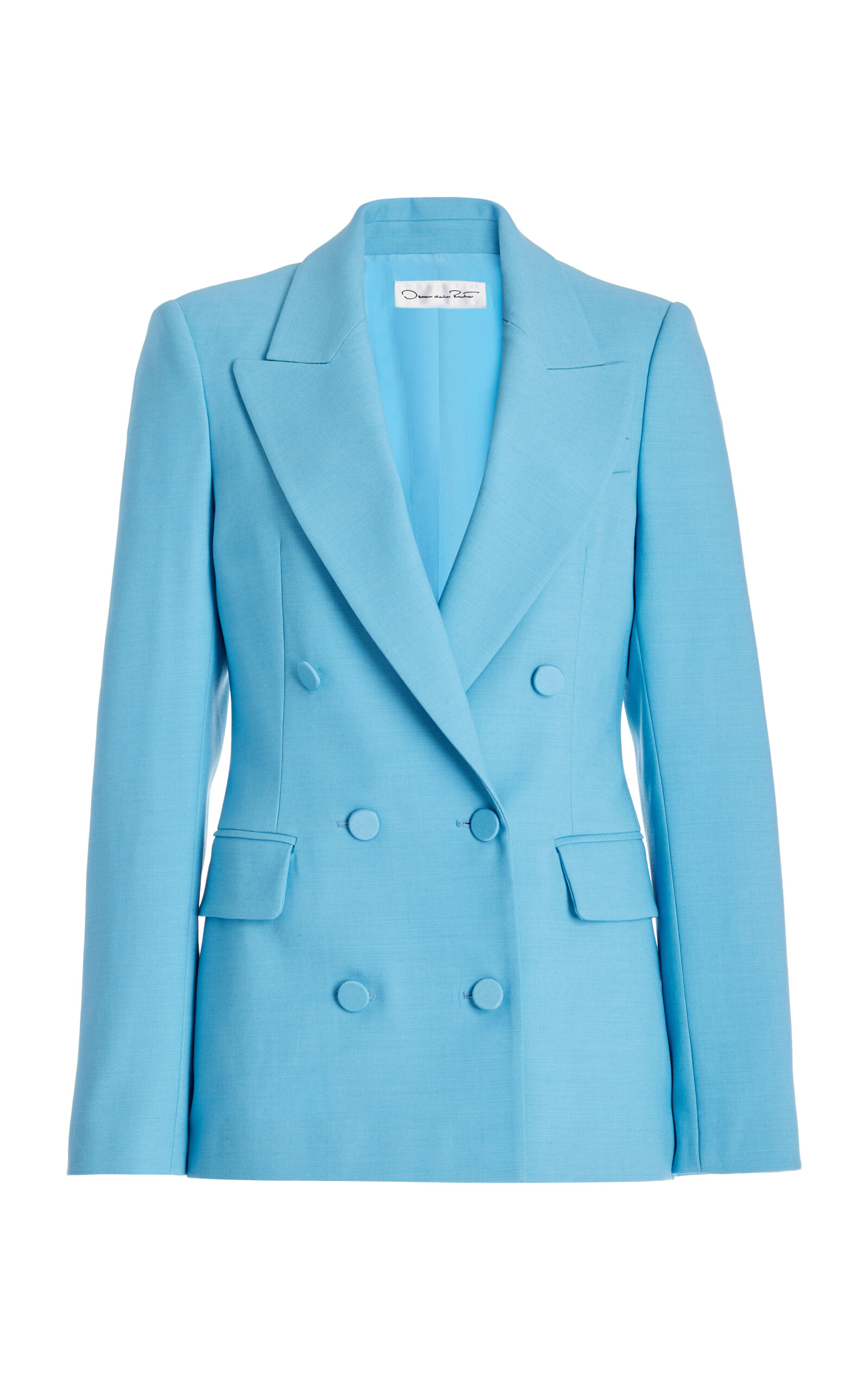 Shop Oscar De La Renta Double-breasted Wool Satin Tailoring Jacket In Blue