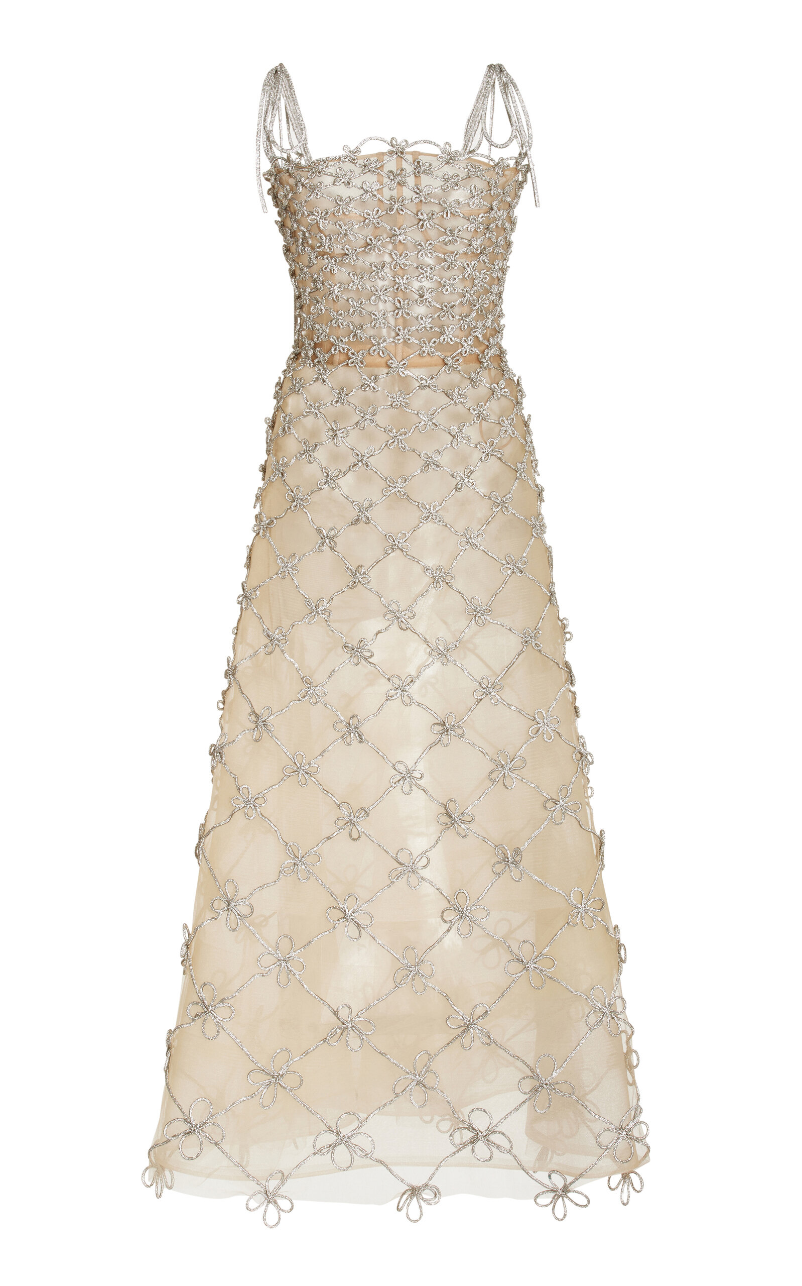 Shop Oscar De La Renta Crystal-embellished Mesh Midi Dress In Silver