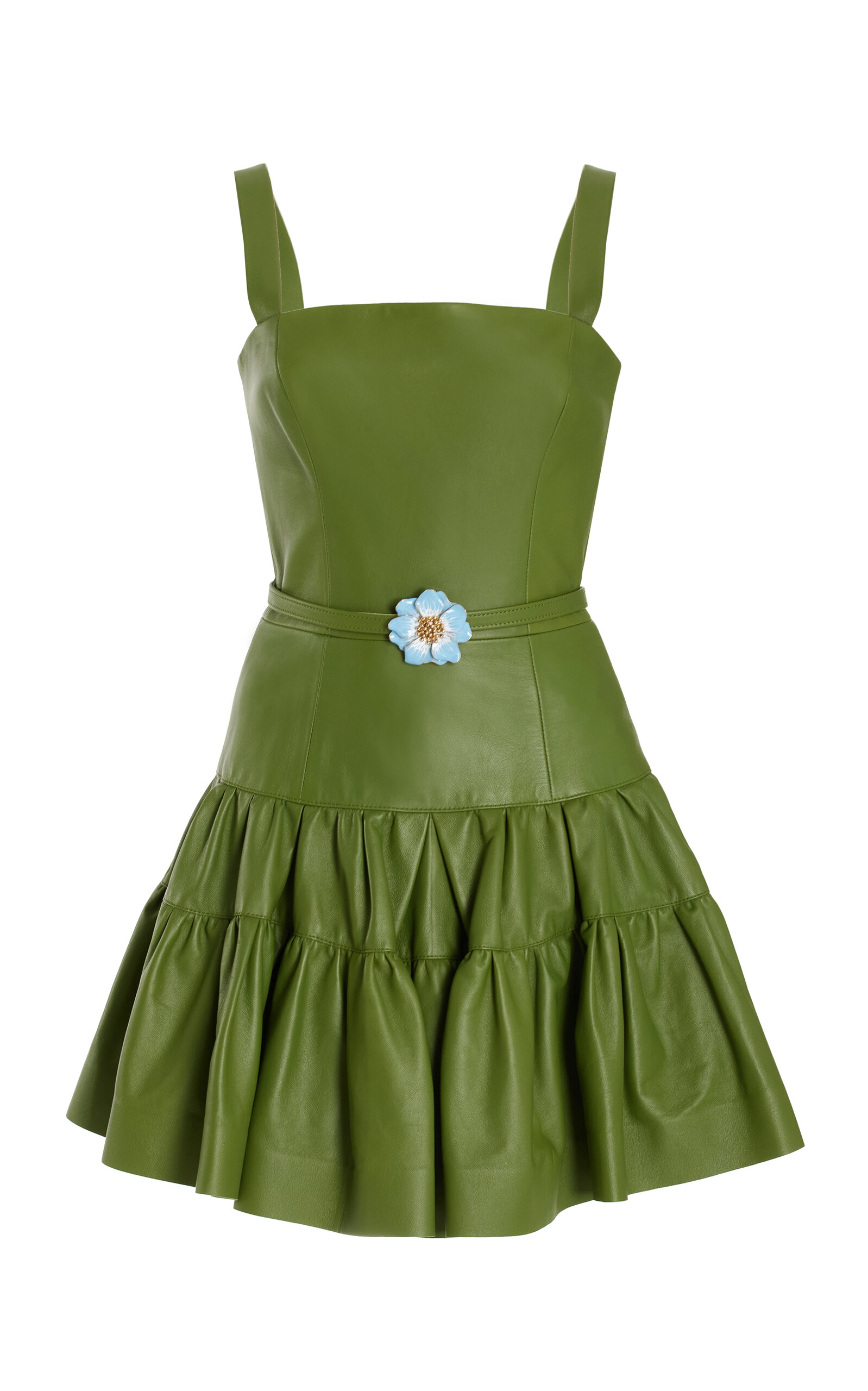 Oscar De La Renta Leather Tiered Mini Dress In Green