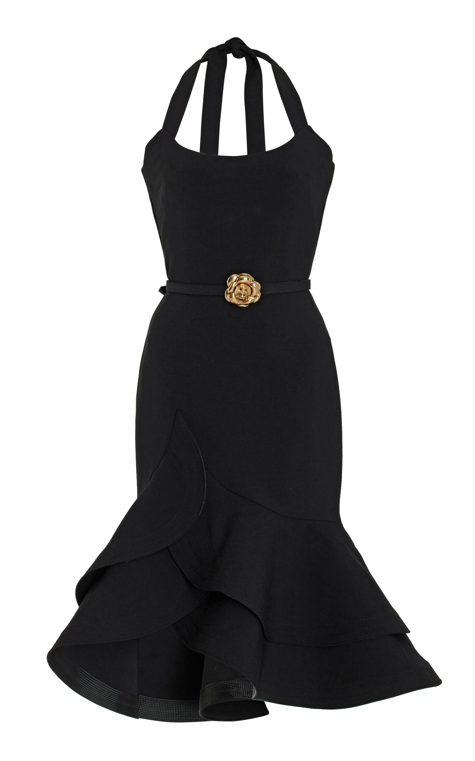 Shop Oscar De La Renta Ruffled Stretch-wool Mini Halter Dress In Black
