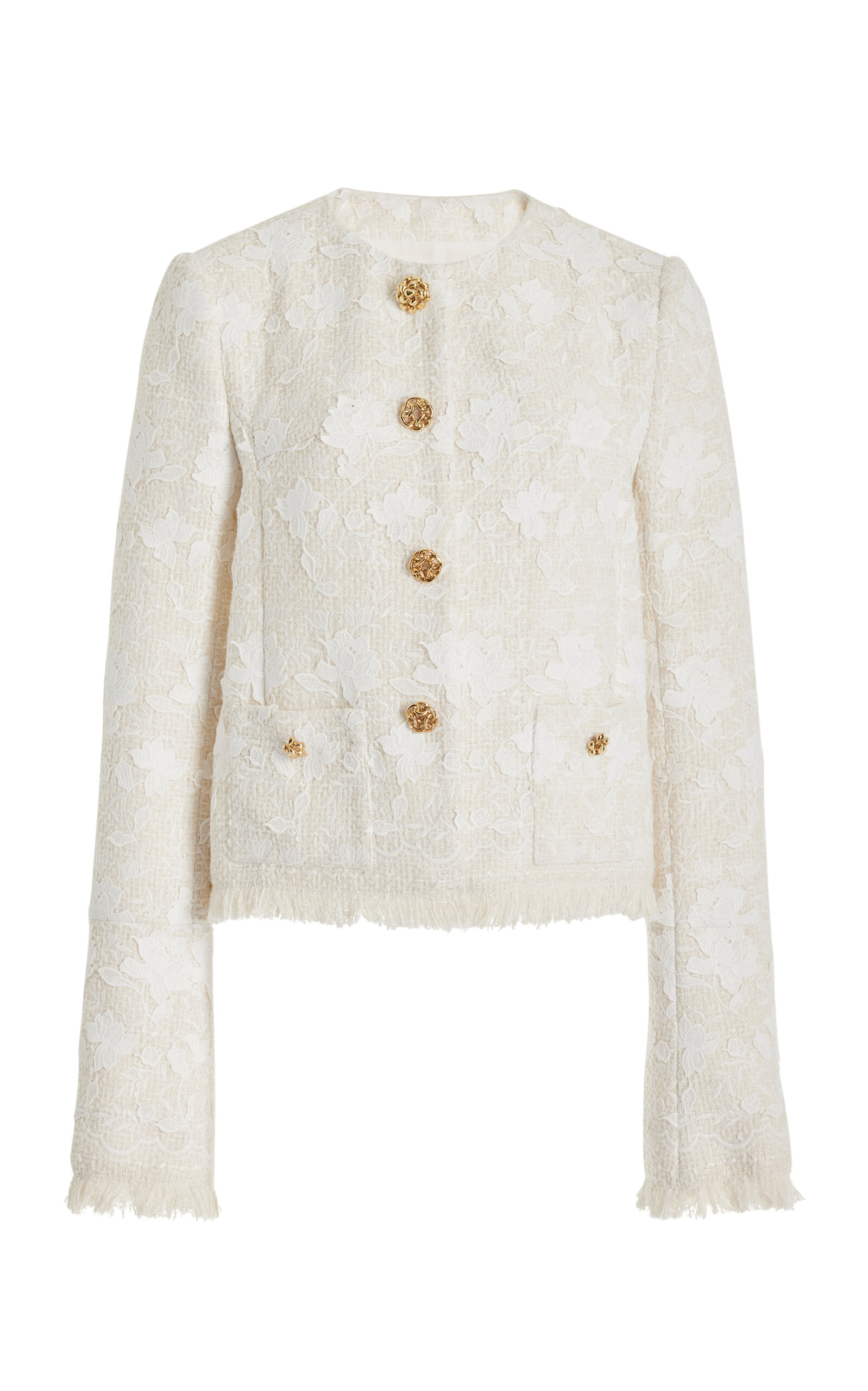 Shop Oscar De La Renta Gardenia-embroidered Tweed Jacket In Ivory