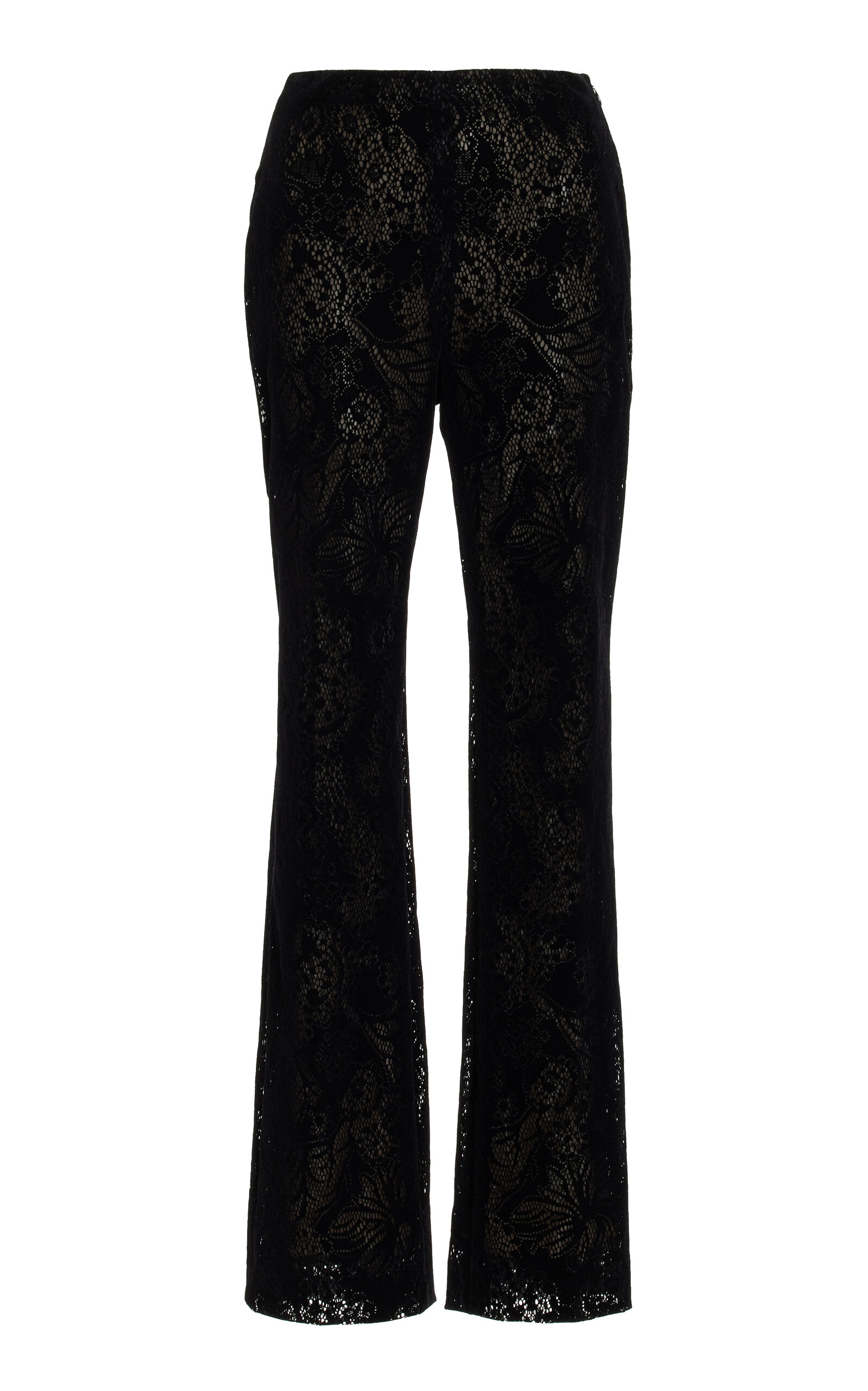 Oscar De La Renta Flocked Floral Lace Straight-leg Pants In Black