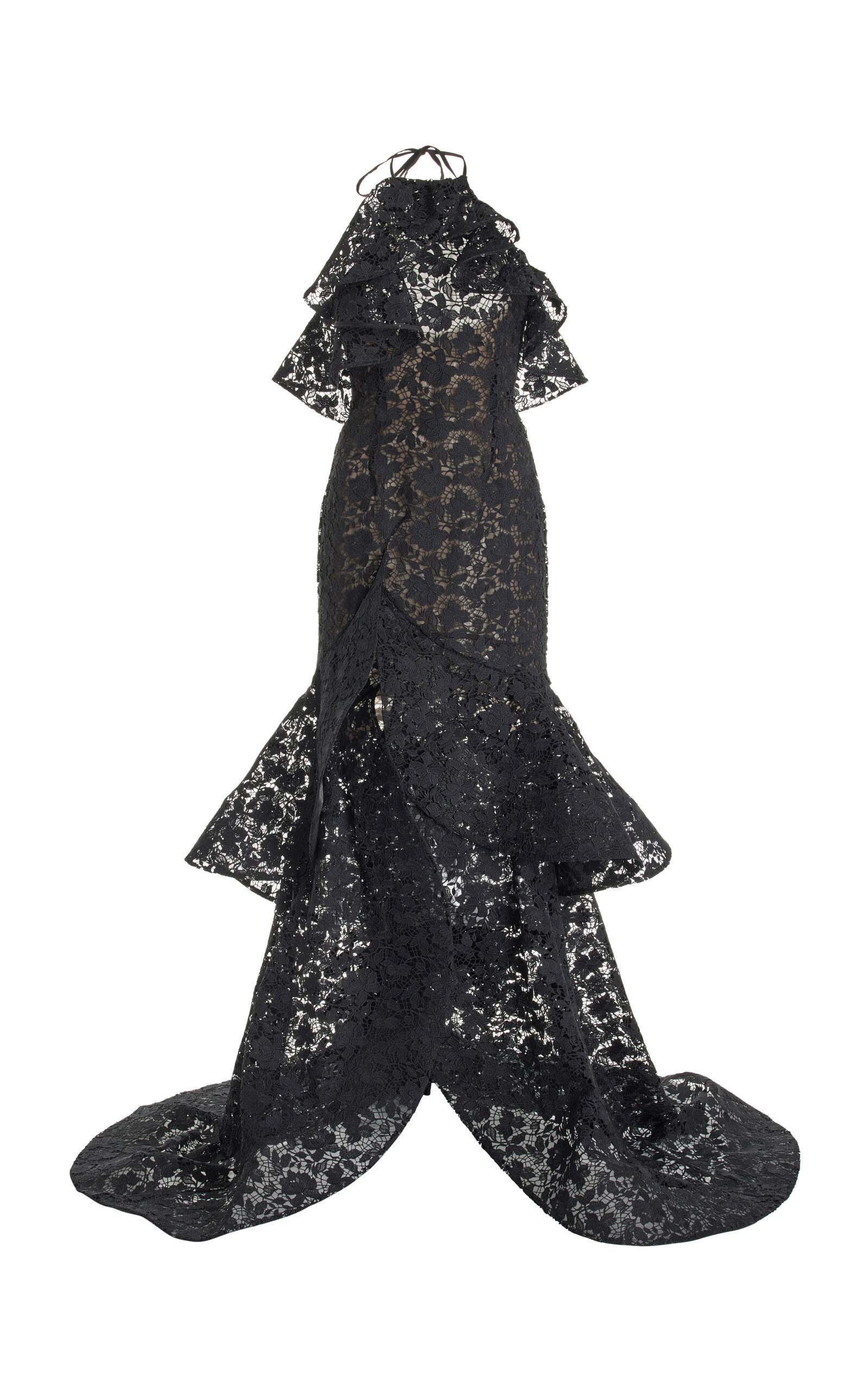 Oscar De La Renta Ruffled Gardenia Guipure Gown In Black