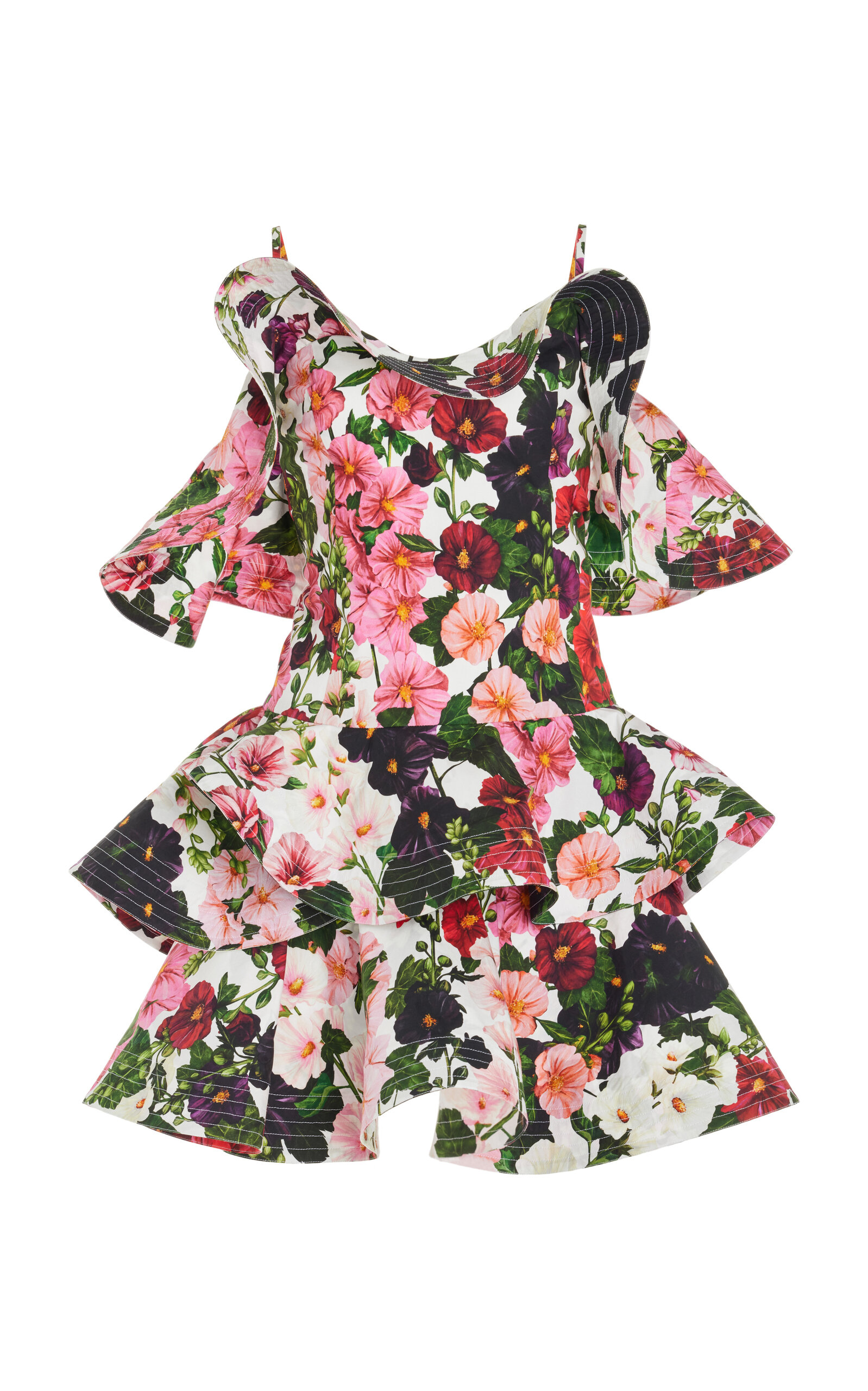 Shop Oscar De La Renta Ruffled Hollyhocks Cotton-poplin Mini Dress In Floral