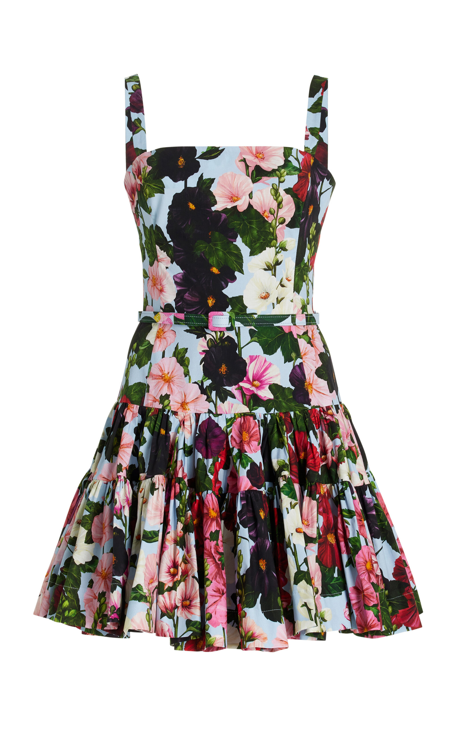 Shop Oscar De La Renta Hollyhocks Stretch-cotton Flared Mini Dress In Floral