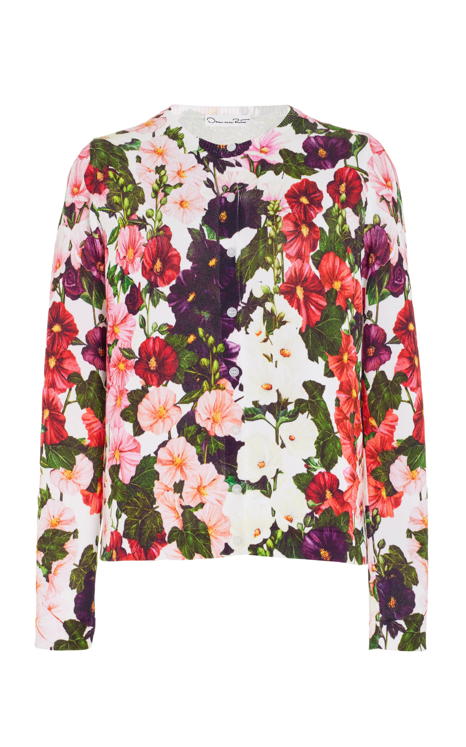 Oscar De La Renta Hollyhocks Print Crewneck Cardigan In Multi