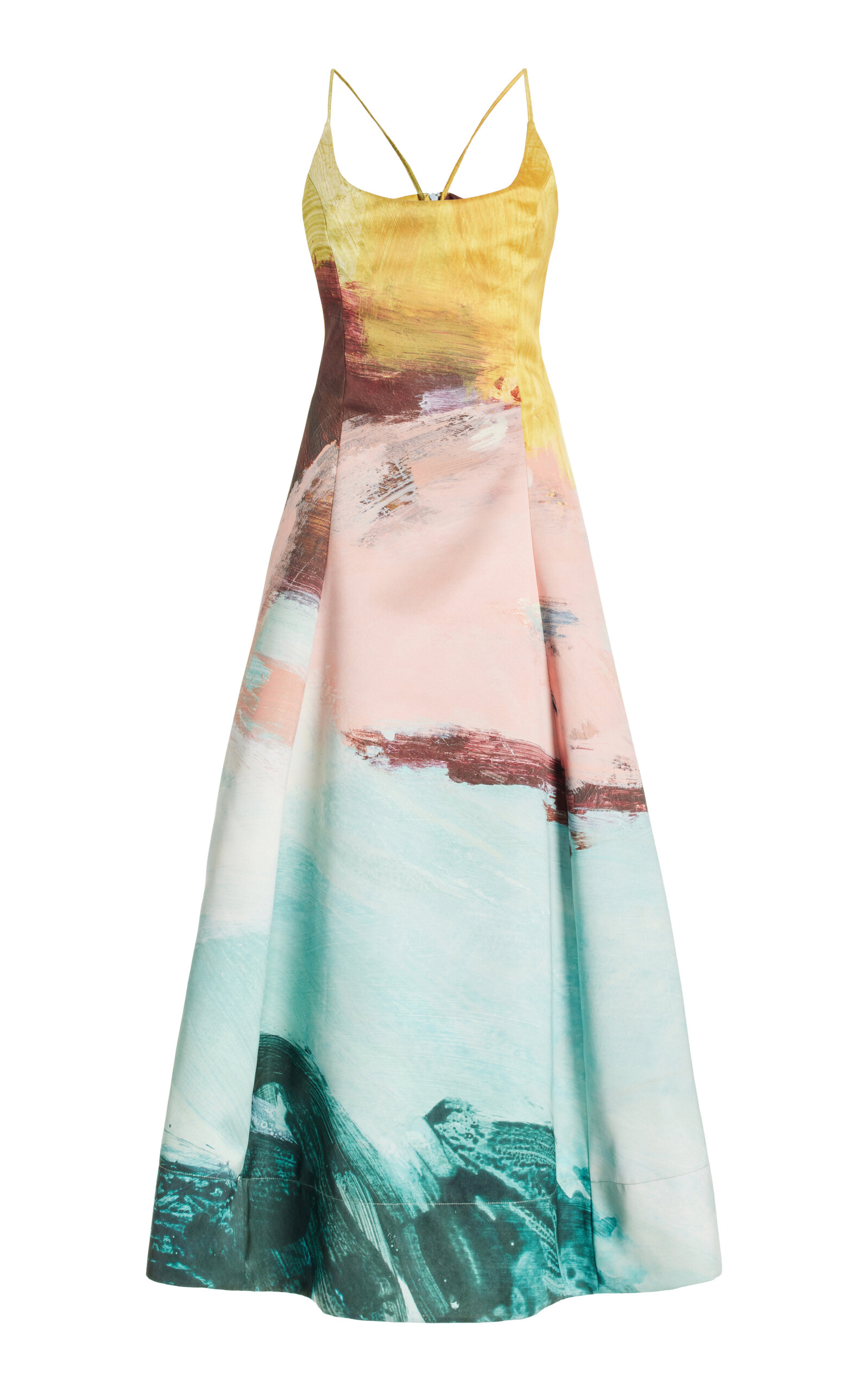 Oscar De La Renta Ballerina Strap Abstract Satin Midi Dress In Multi