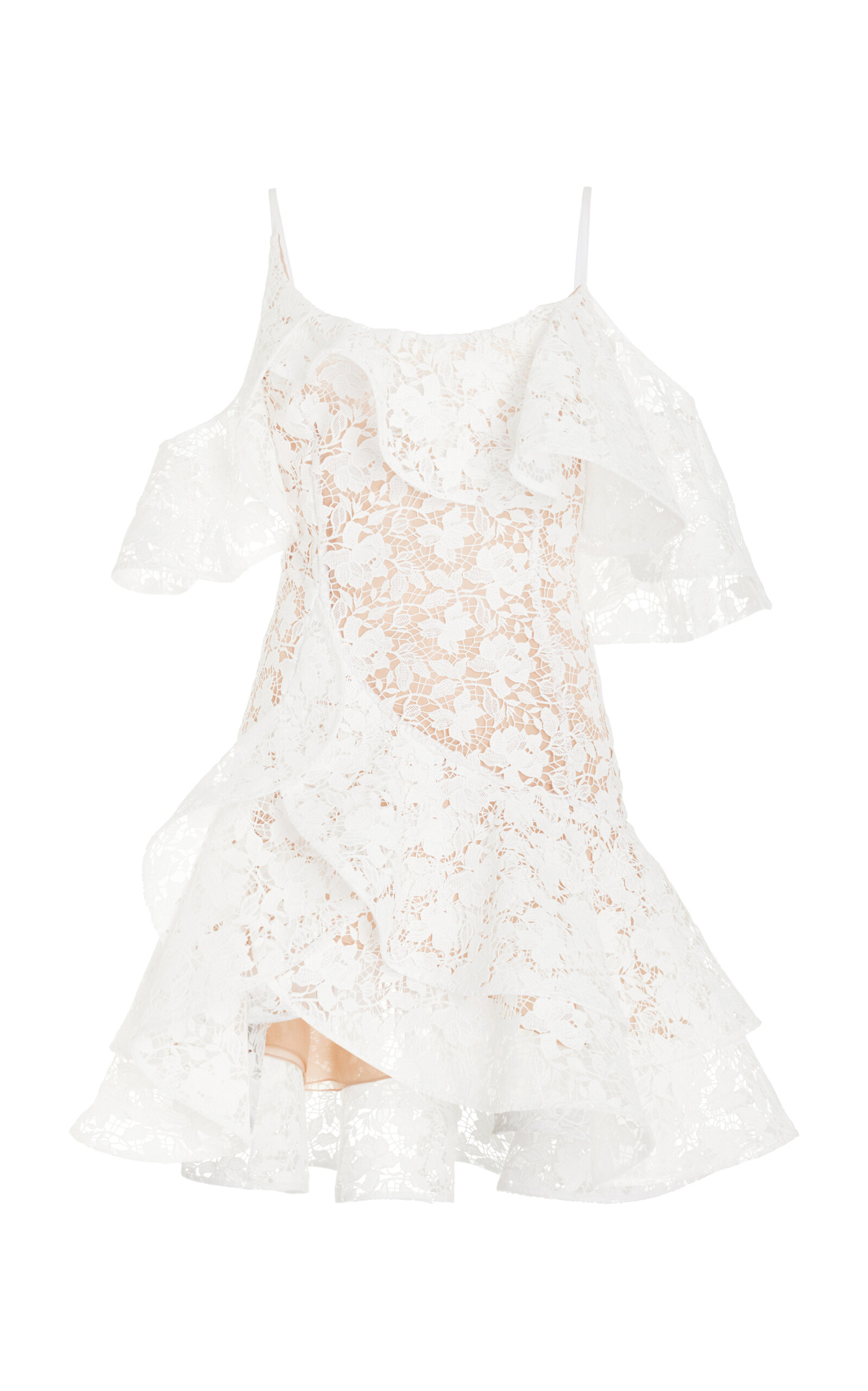 Shop Oscar De La Renta Ruffled Gardenia Guipure-lace Mini Dress In White
