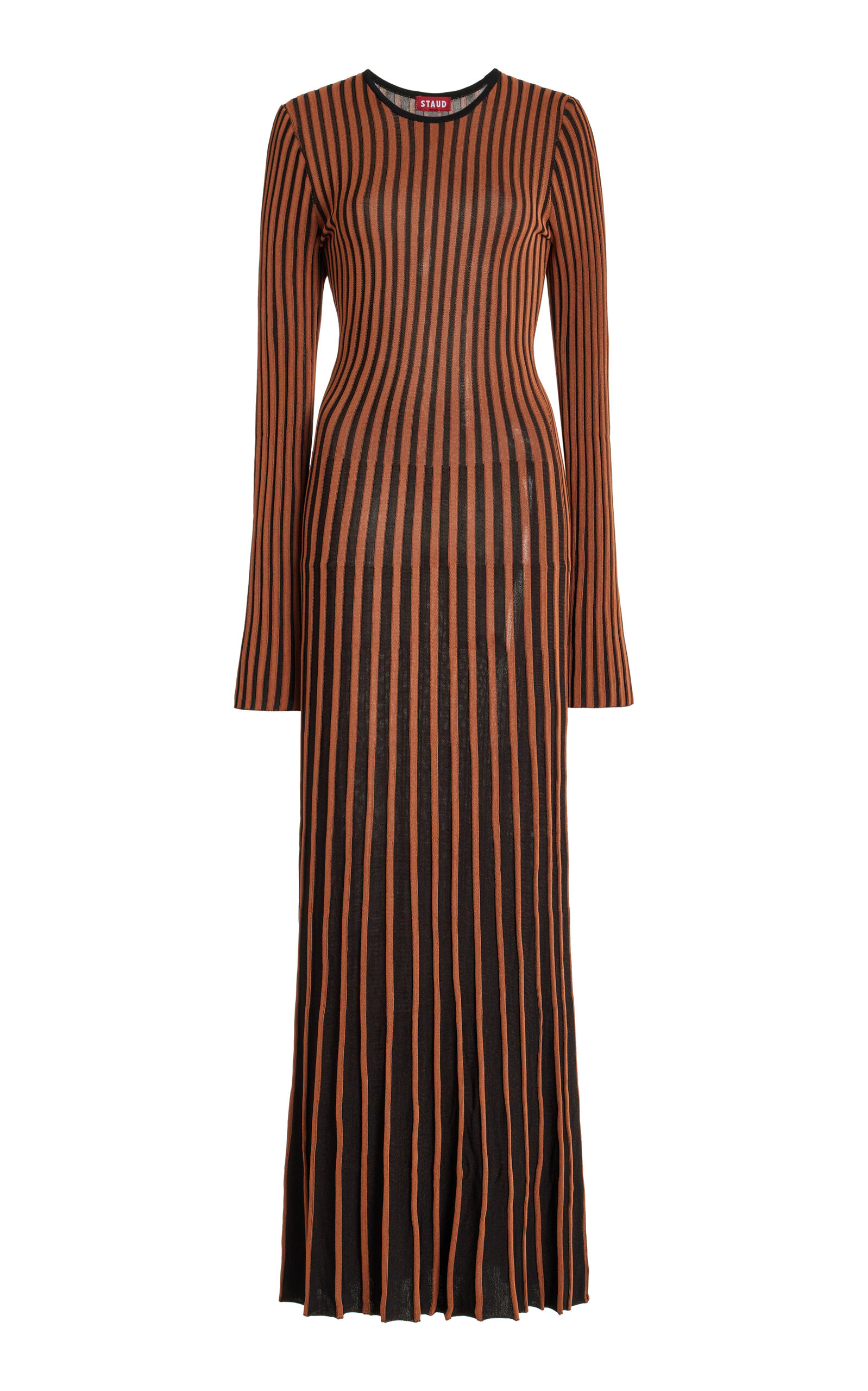 Shop Staud Selma Pleated Knit Maxi Dress In Brown