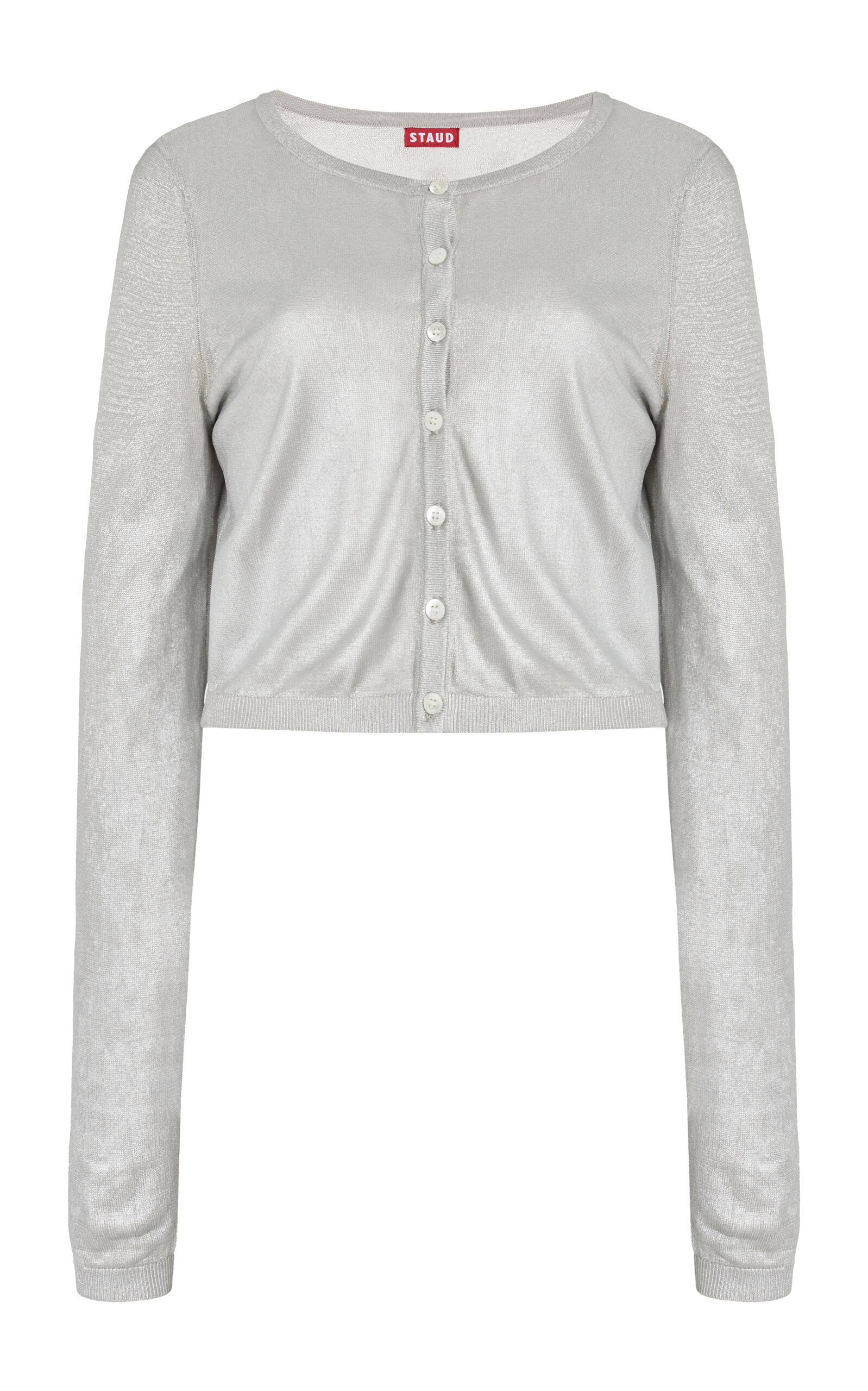 Staud Deanna Cropped Knit Cardigan In Silver