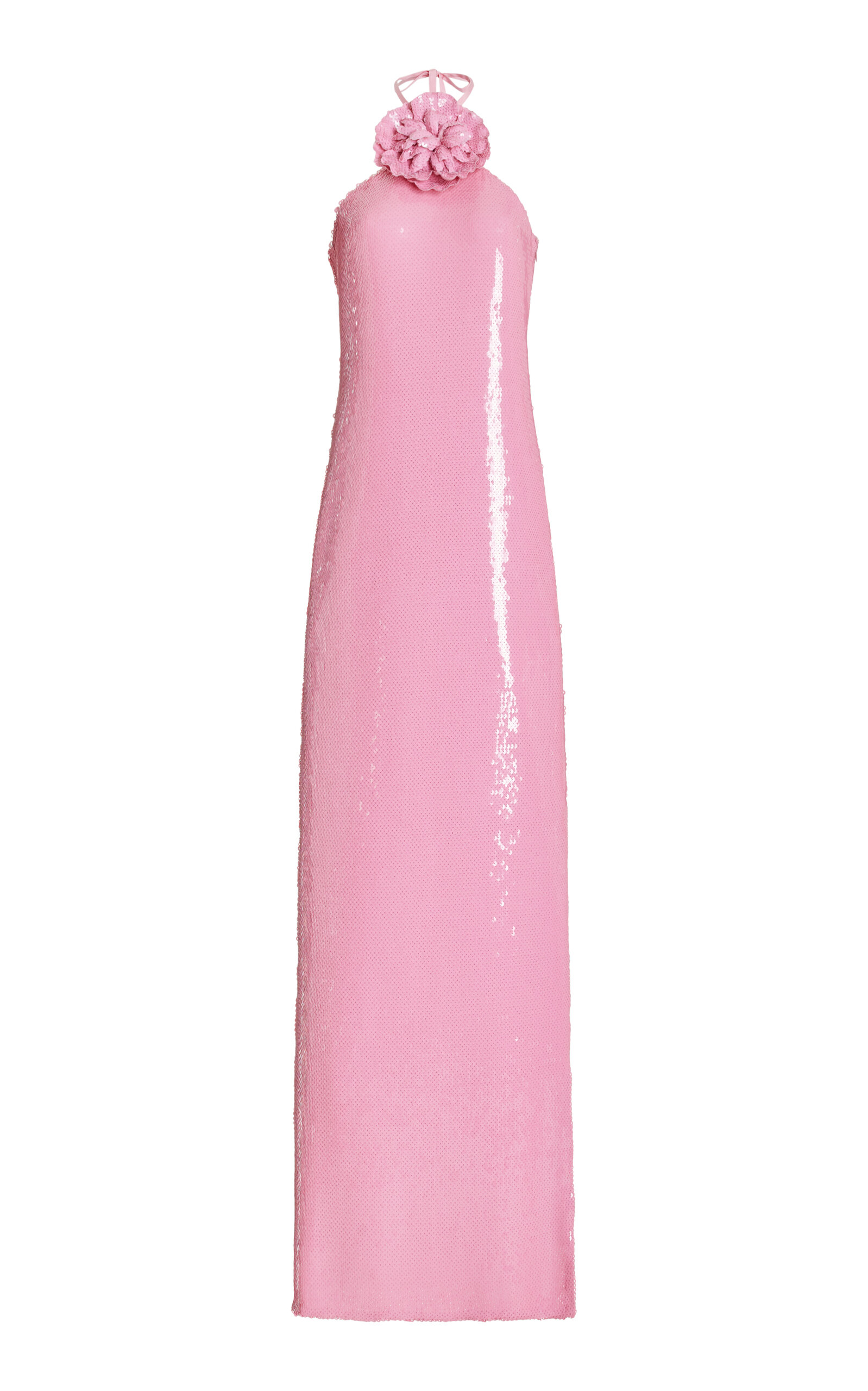Rodarte Pink Sequin Halter Gown With Sequin Flower Detail