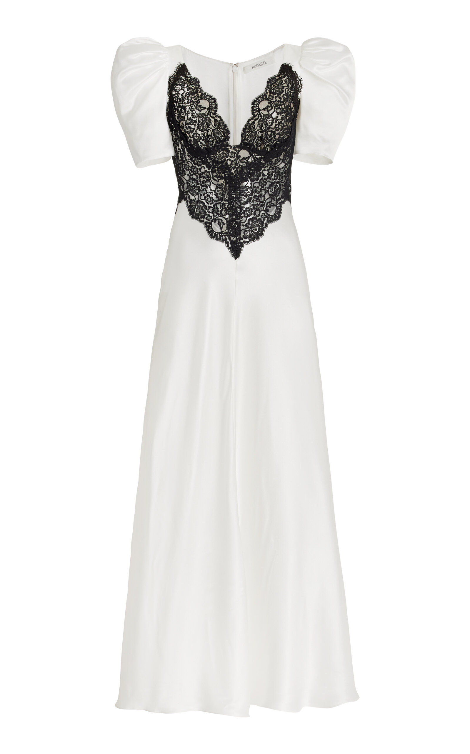 Rodarte Lace-trimmed Puff-sleeve Silk Maxi Dress In Black,white