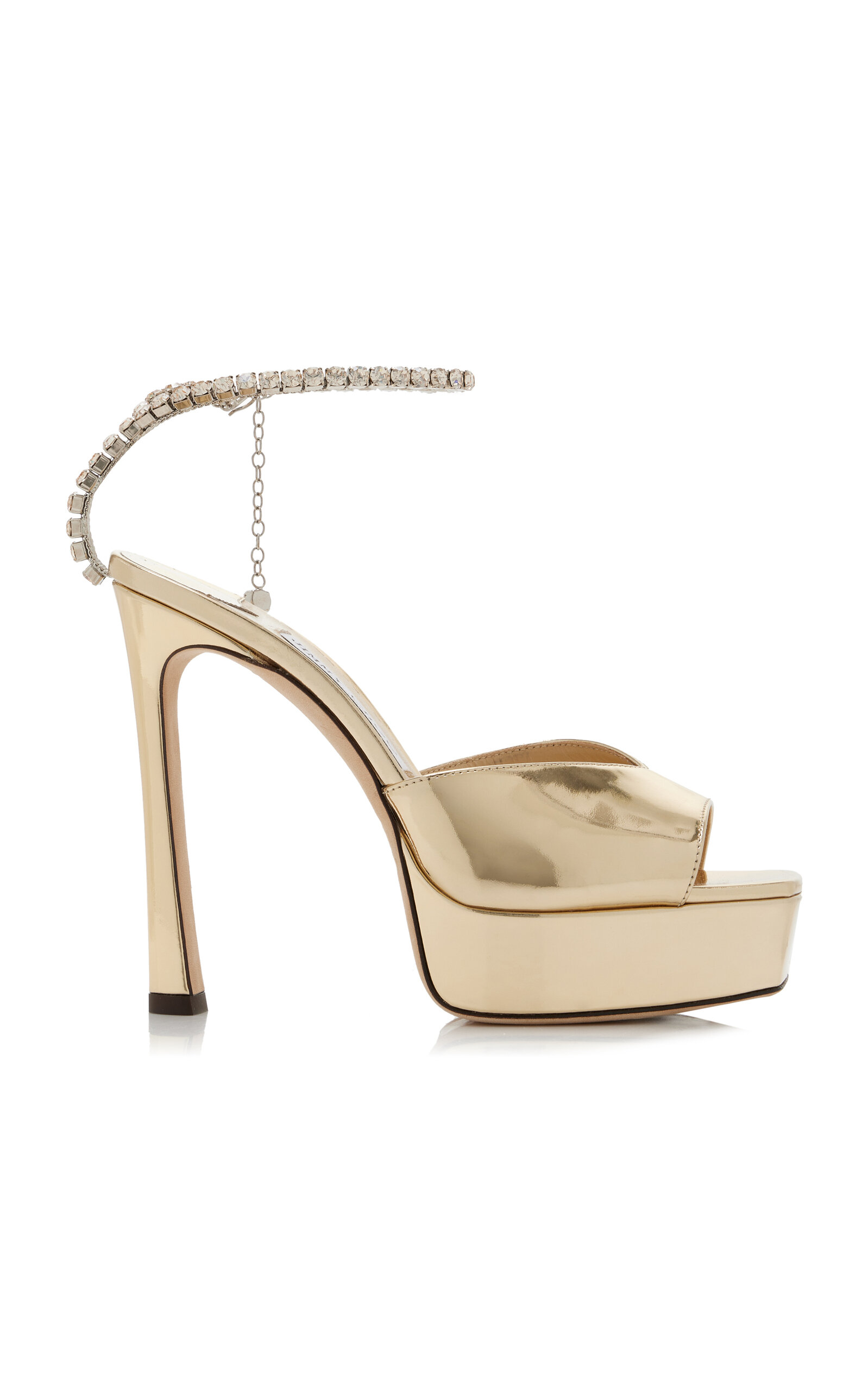 Shop Jimmy Choo Saeda Crystal-chain Metallic Leather Platform Sandals In Gold