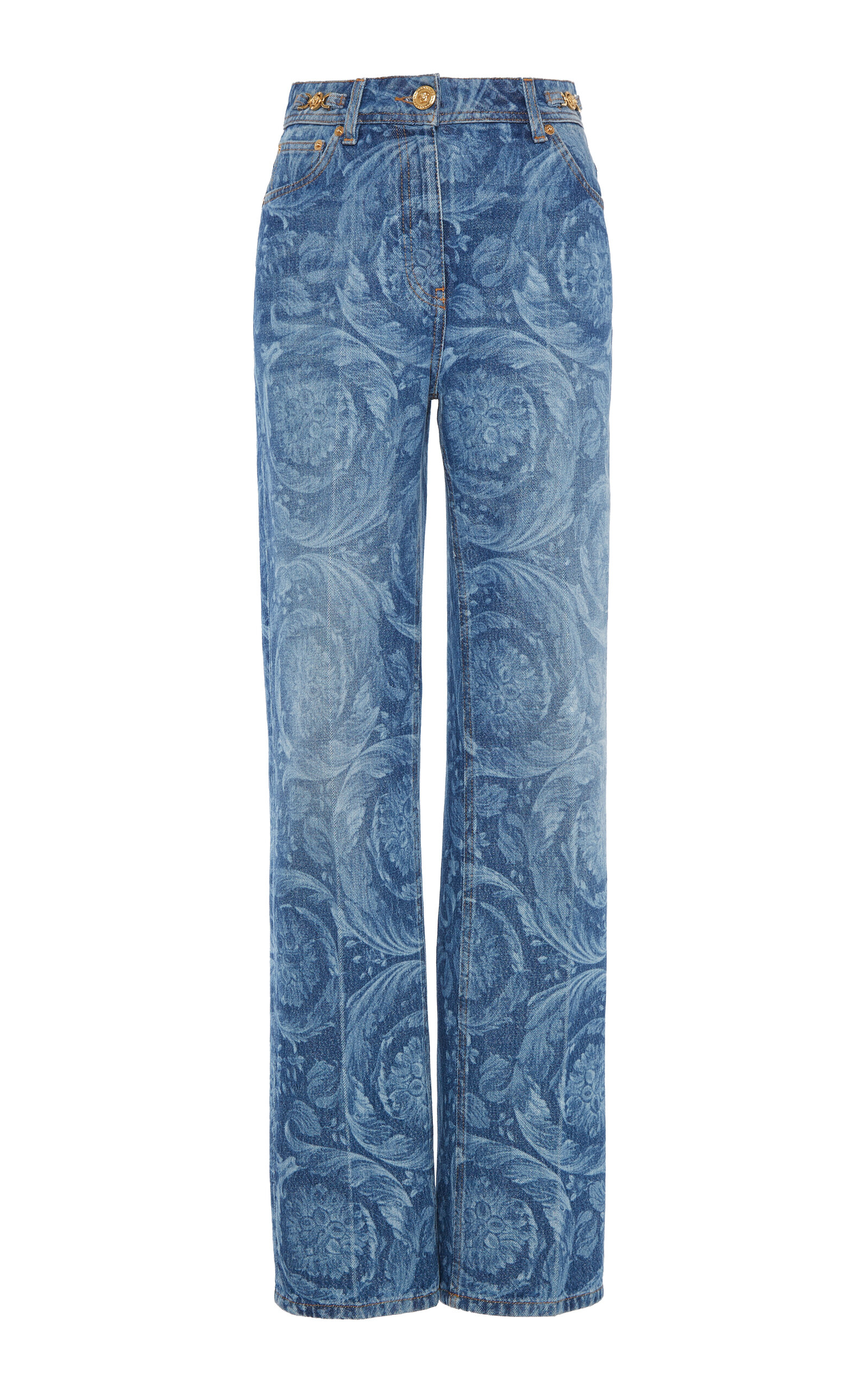 Shop Versace Printed Straight-leg Jeans In Medium Wash