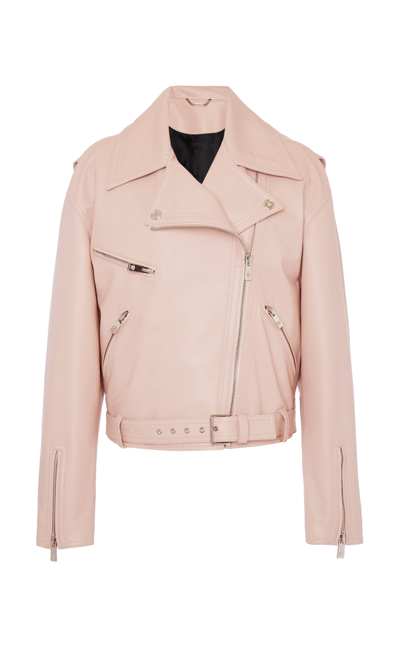 Shop Versace Leather Moto Jacket In Pink
