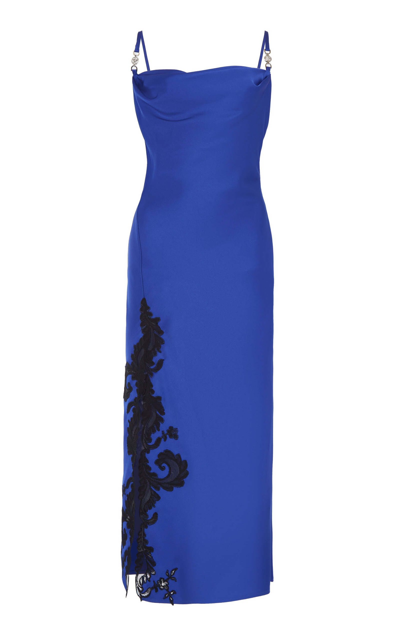 Shop Versace Lace-trimmed Satin Midi Dress In Blue