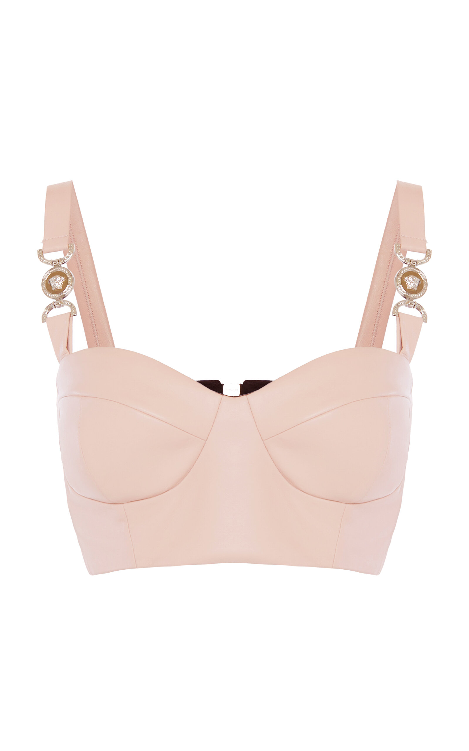 Shop Versace Cropped Leather Bustier Top In Pink