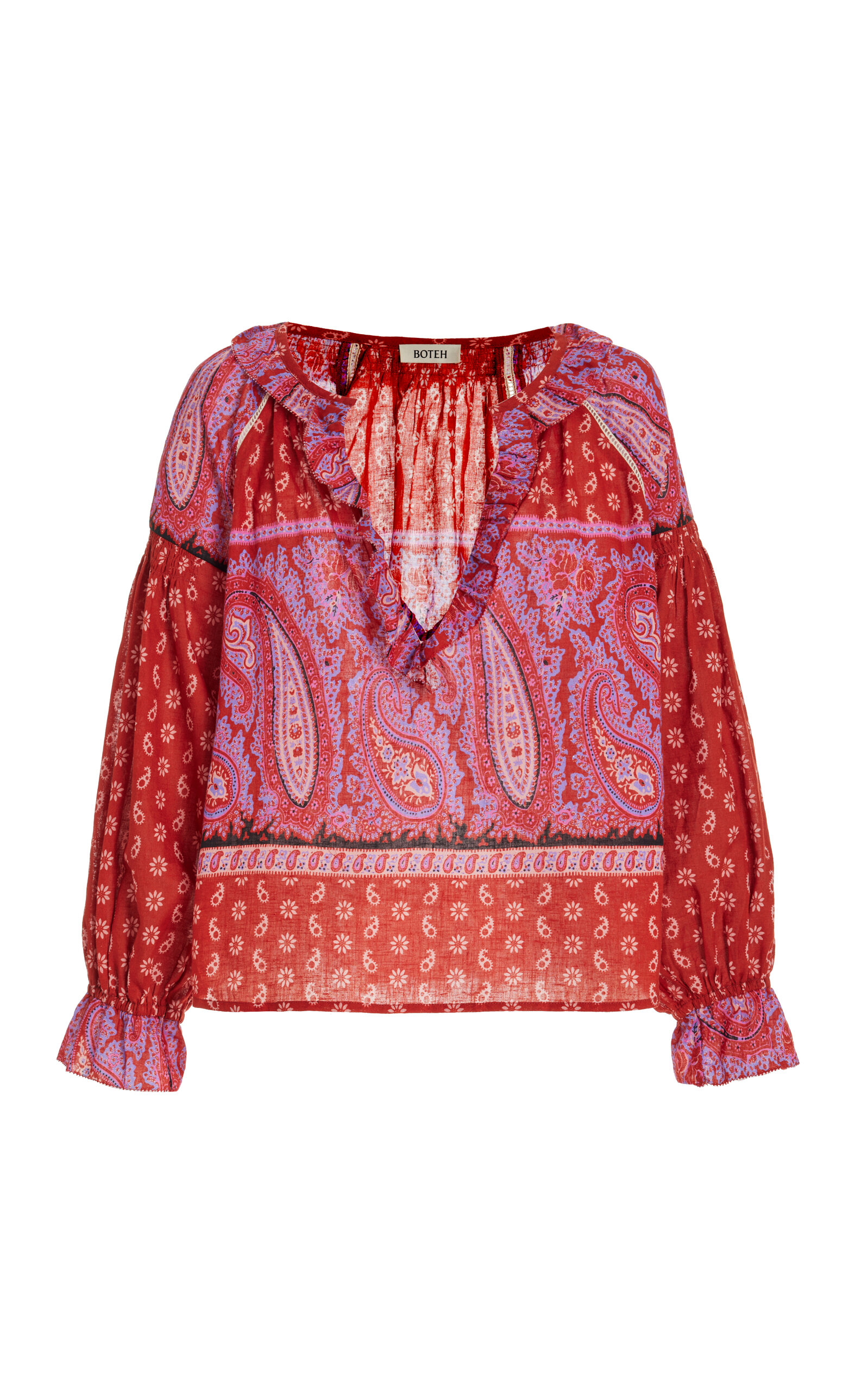 Boteh Kaleido Ruffled Cotton-linen Tunic Top In Red