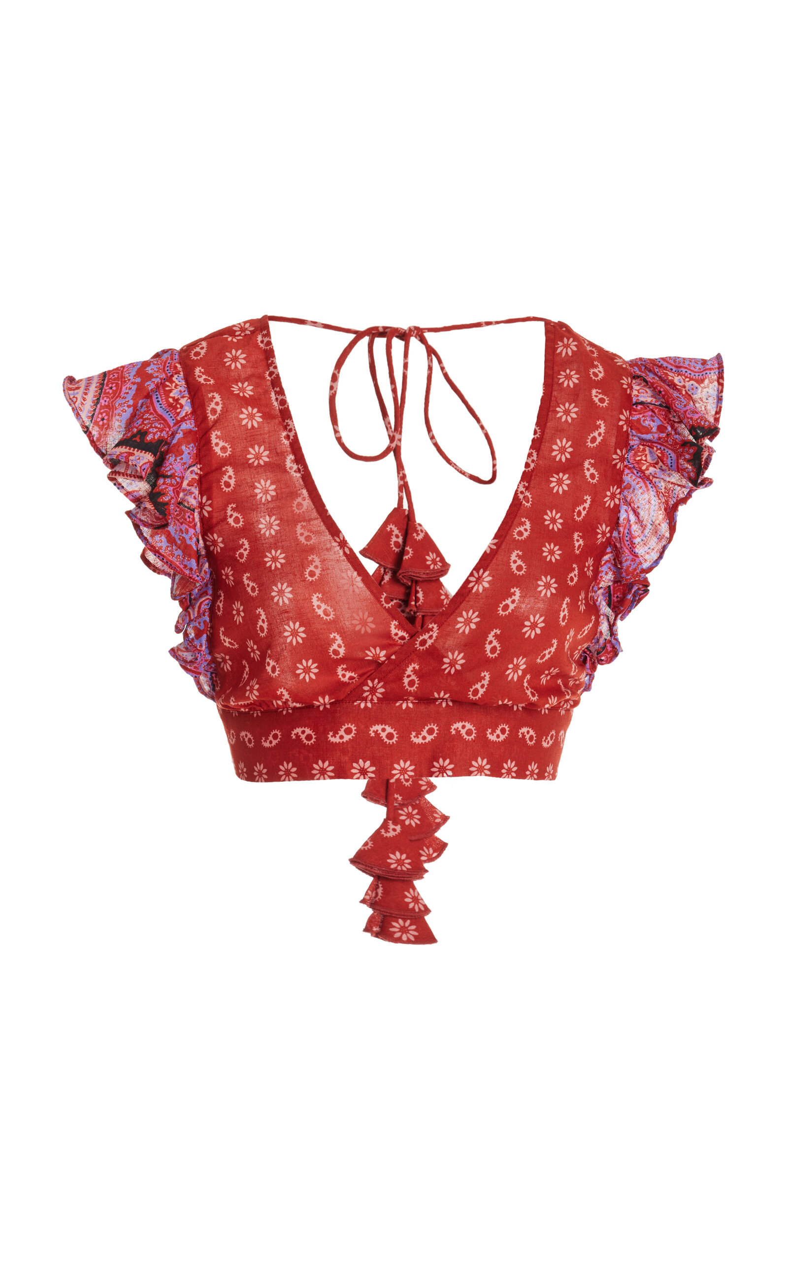 Boteh Kaleido Ruffled Cotton-linen Crop Top In Red