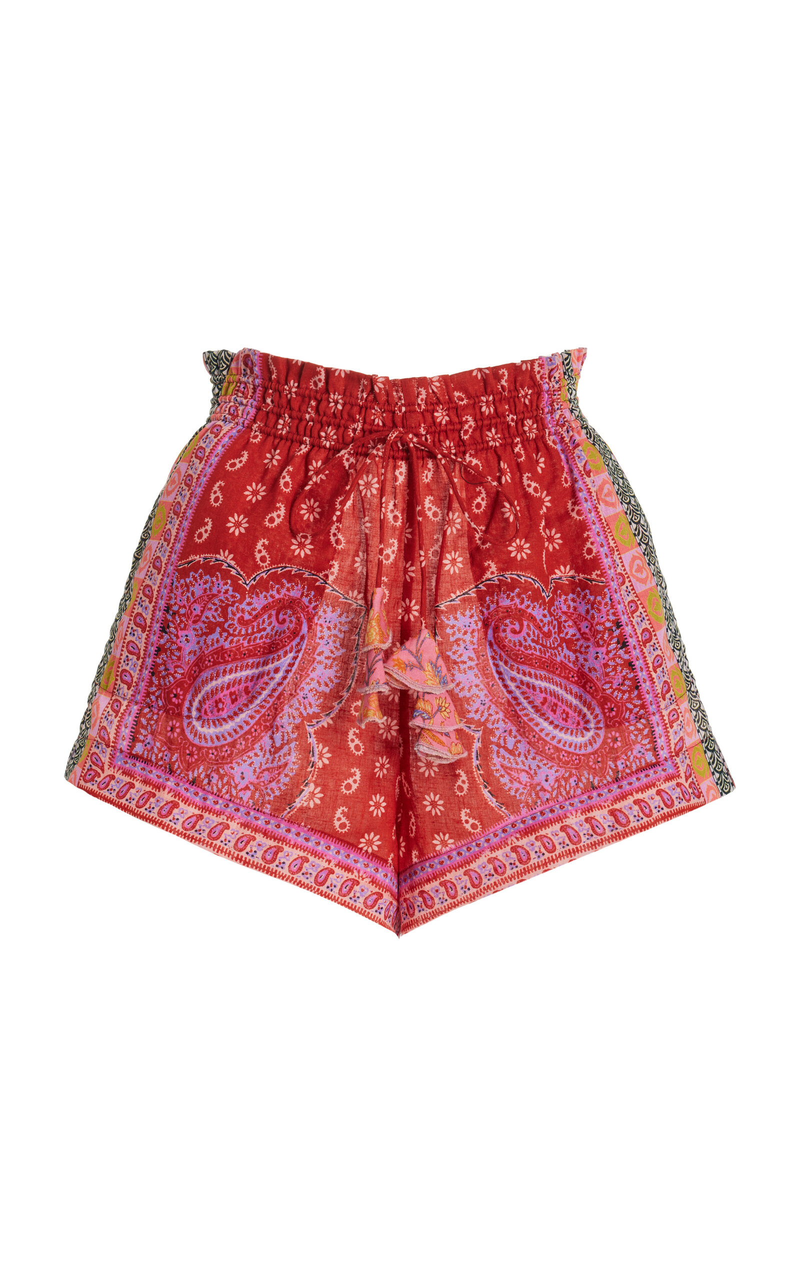 Boteh Kaleido High-waisted Cotton-linen Shorts In Red