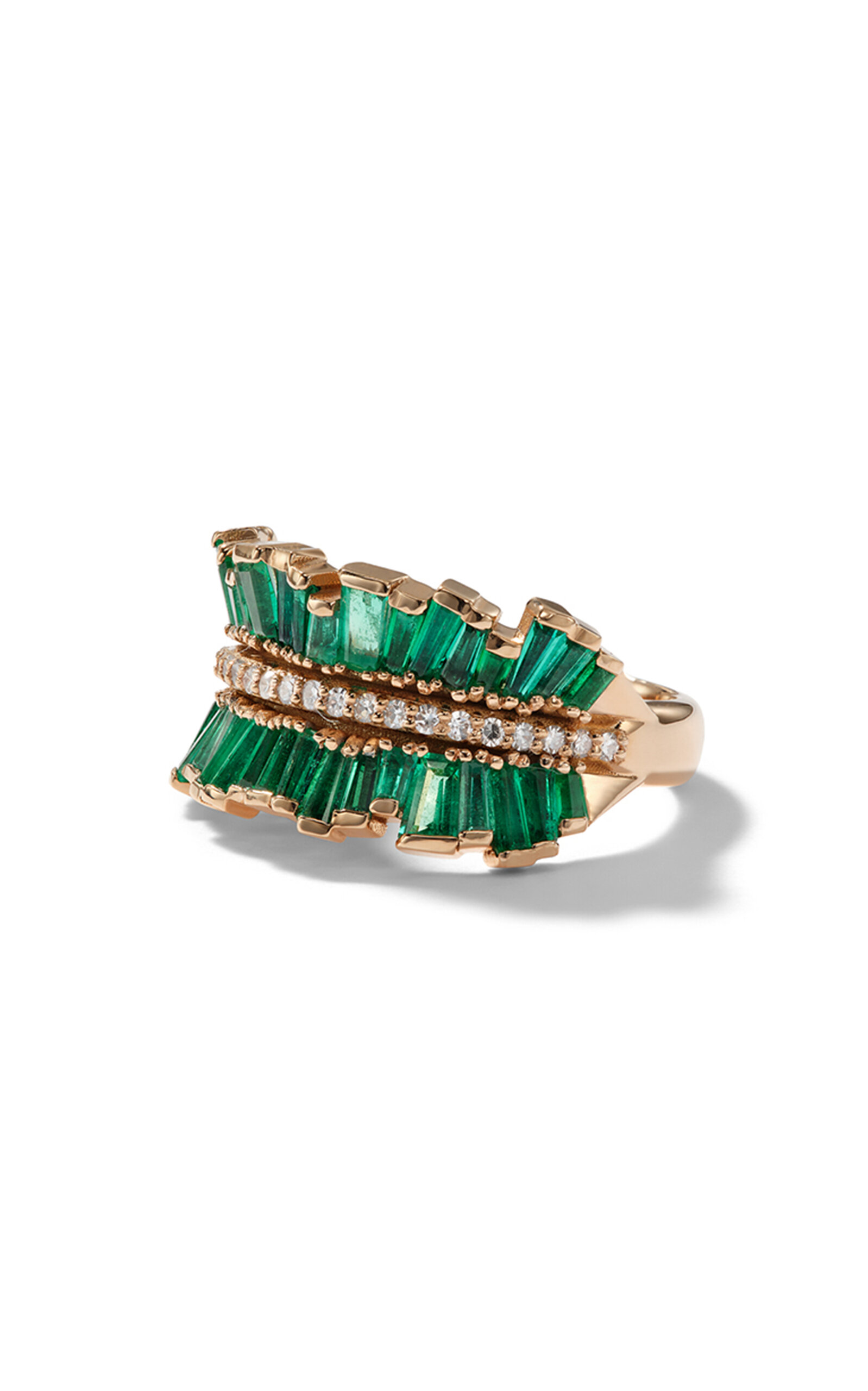 Double Ruched Ribbon 20K Rose Gold Emerald and Diamond Ring
