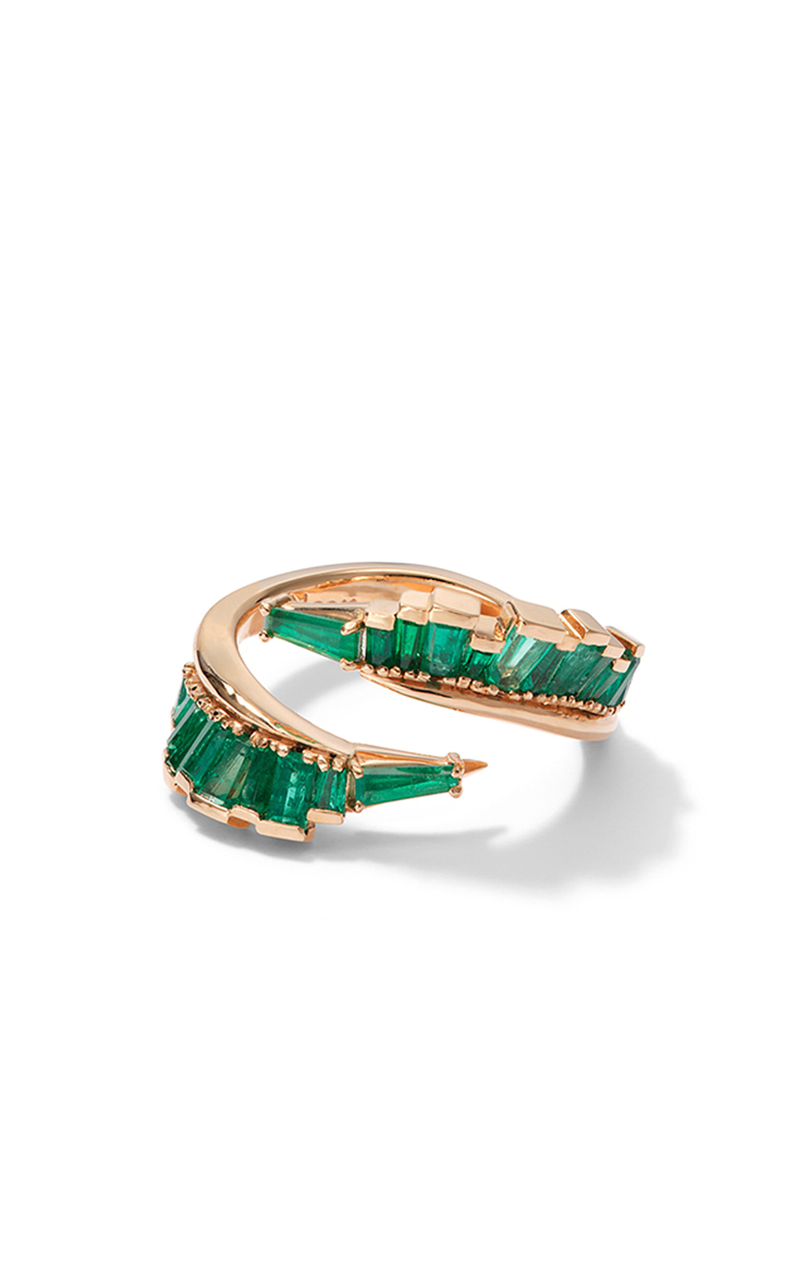 Nak Armstrong Ruched Open Coil 20k Rose Gold Emerald Ring In Green