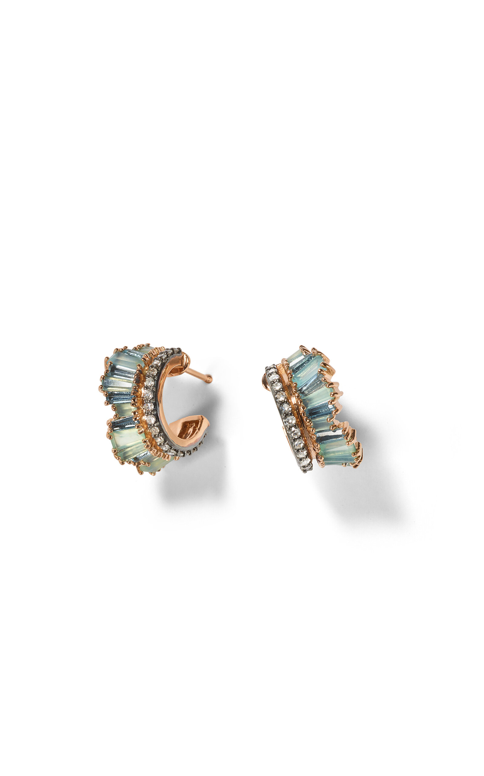 Nak Armstrong 20k Recycled Rose Gold Petite Ruched Hoop Earrings With Blue Peruvian Opal, Aquamarine And White Dia