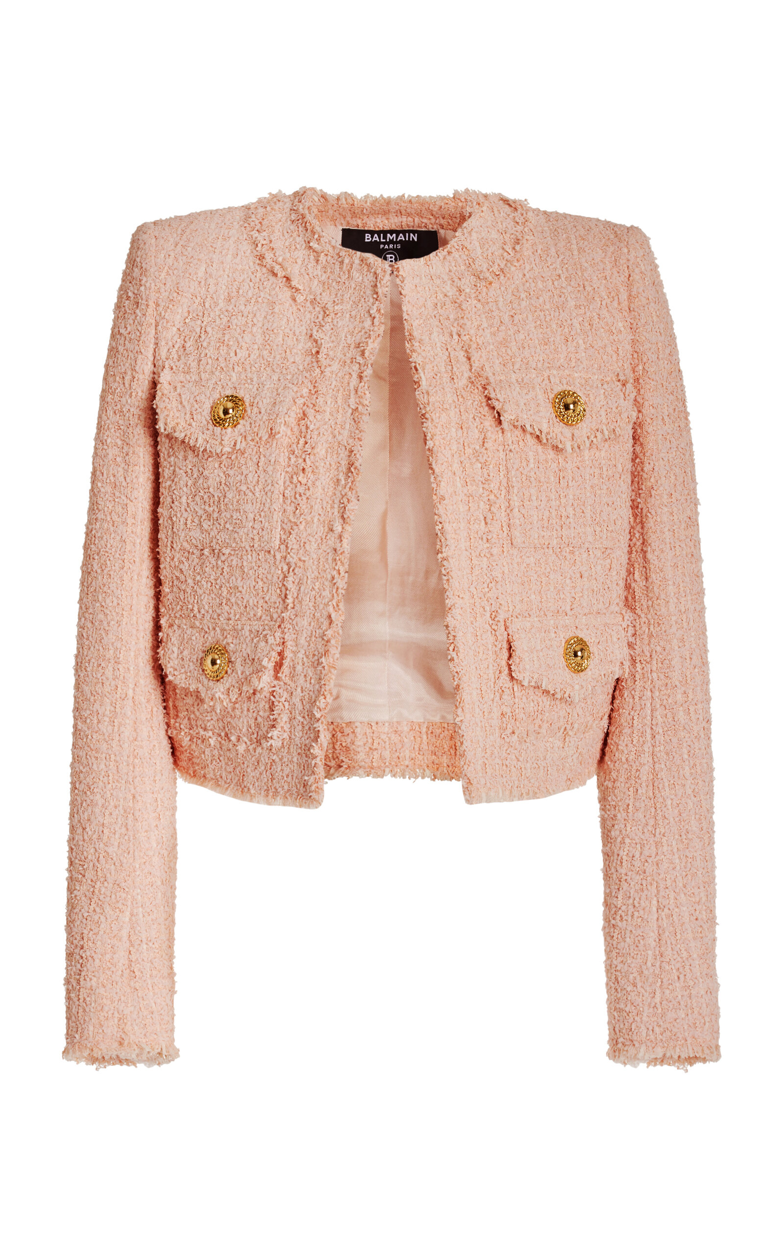 Balmain Collarless Tweed Jacket In Pink