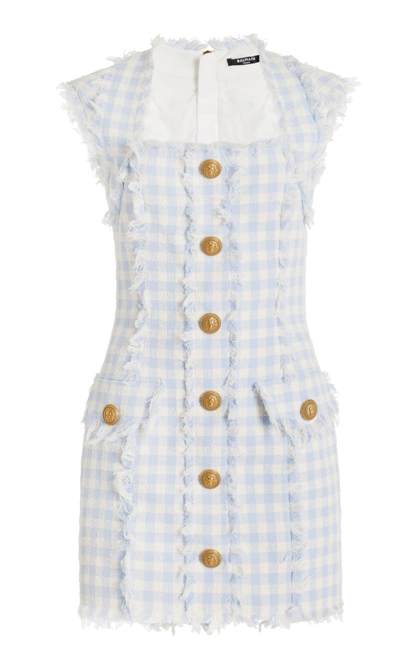 Balmain Frayed Gingham Cotton-blend Tweed Mini Dress In White Blue