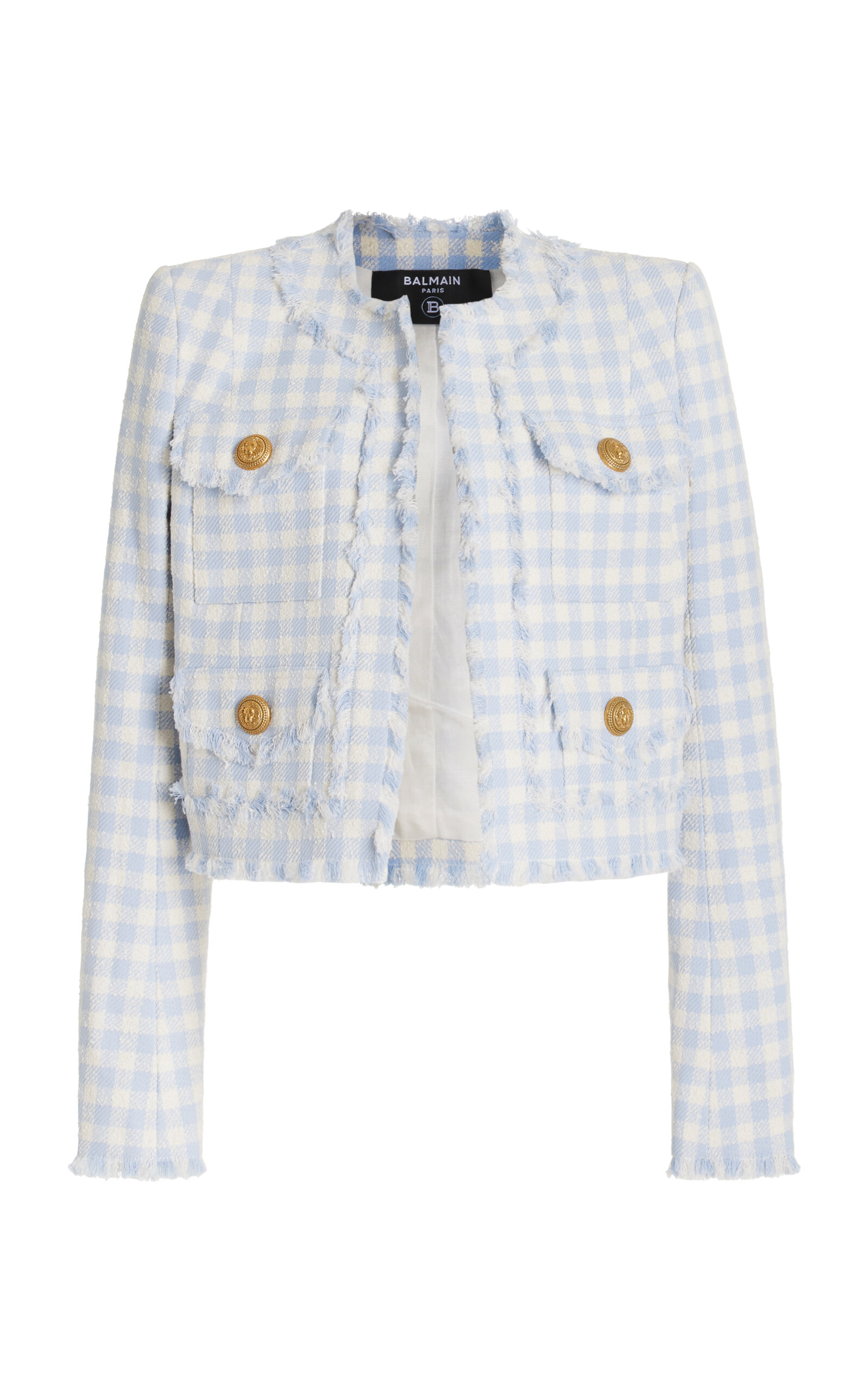 Balmain Blue Plaid Cropped Tweed Jacket In Blue