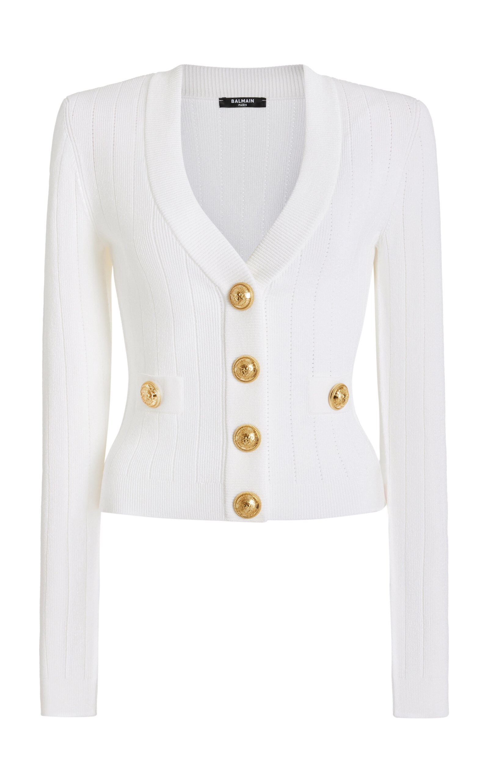 Shop Balmain Buttoned Ribbed-knit Cropped Cardigan In White