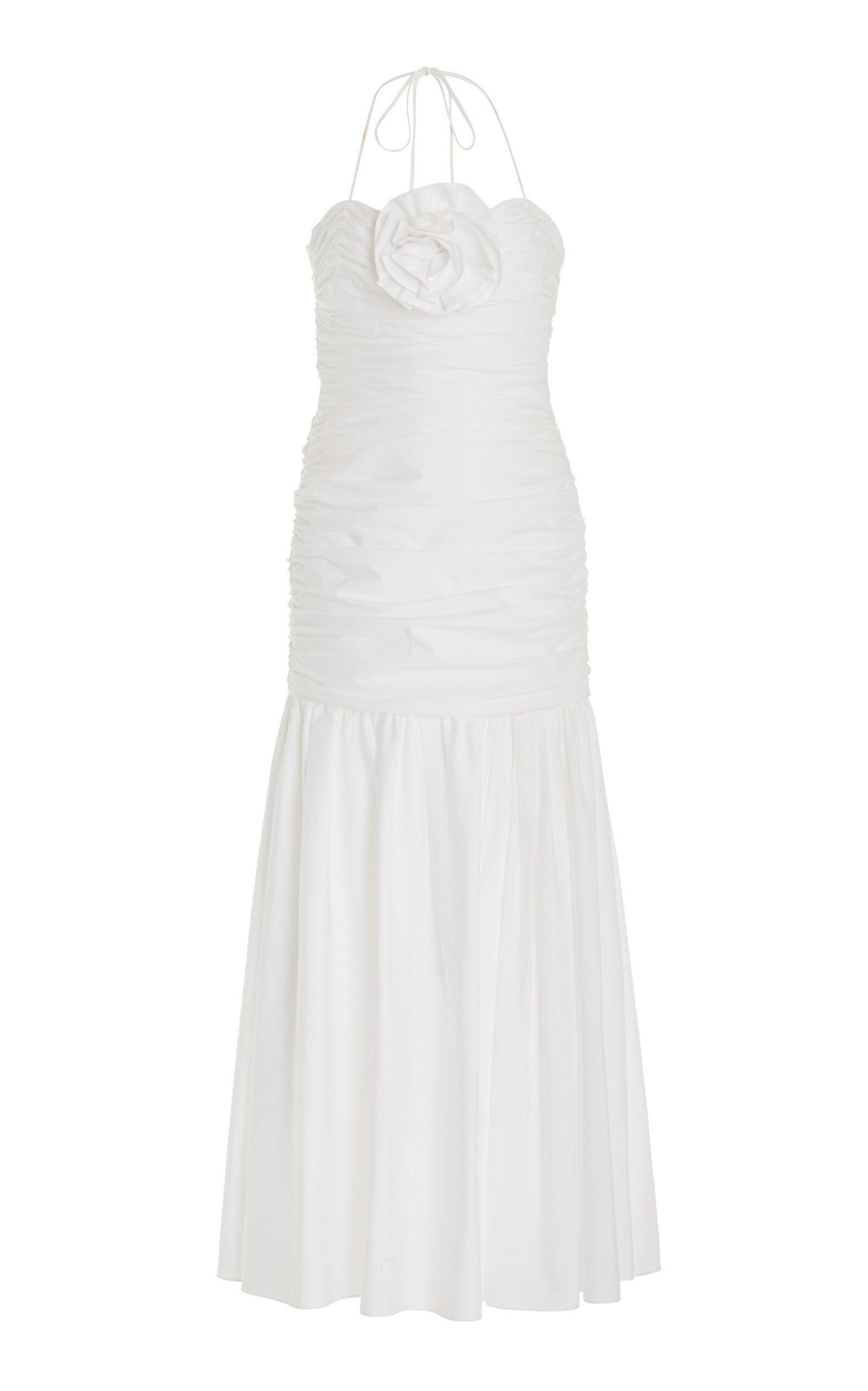 Shop Carolina Herrera Ruched Cotton-blend Halter Maxi Dress In White