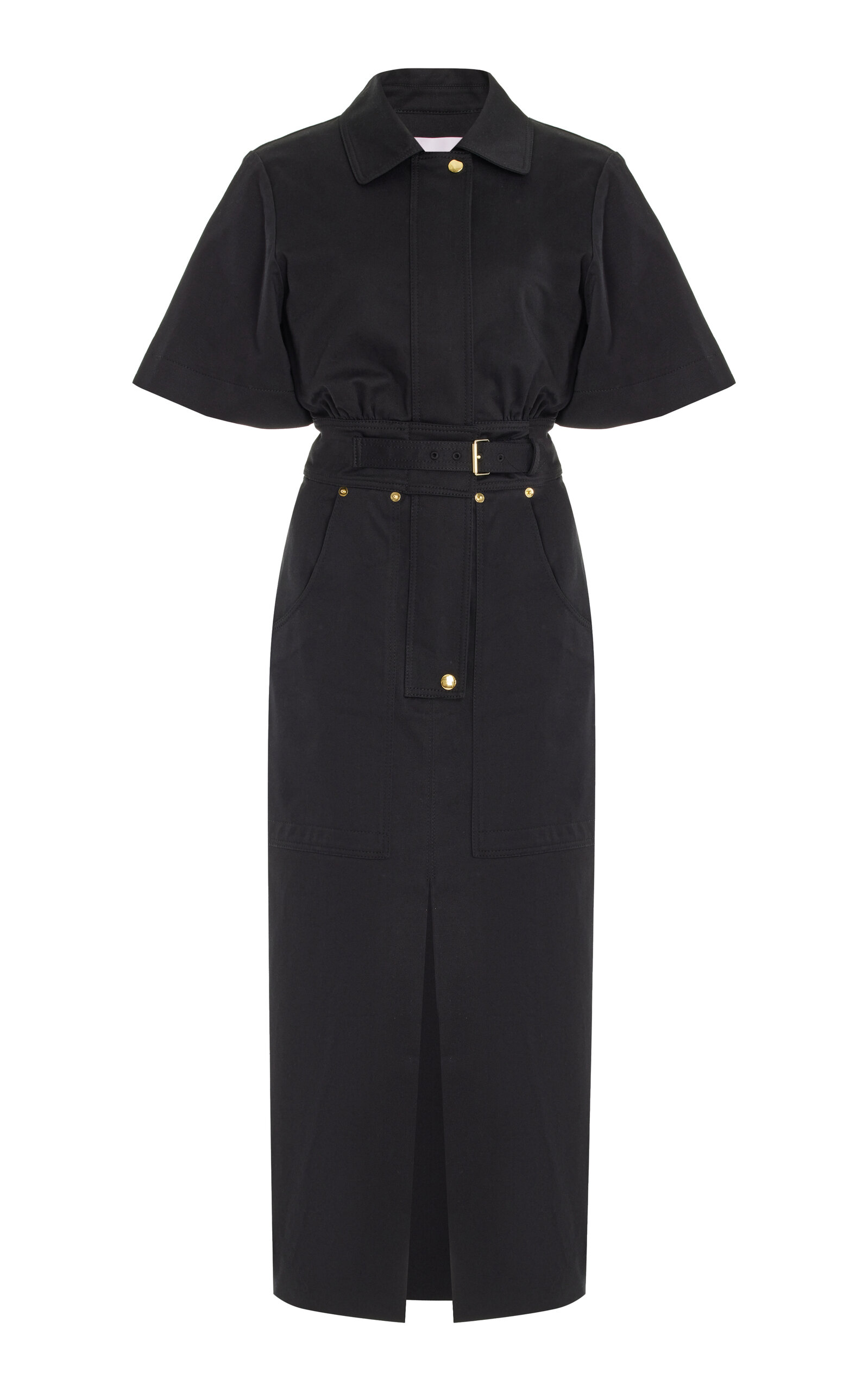 Shop Carolina Herrera Belted Stretch-cotton Midi Dress In Black