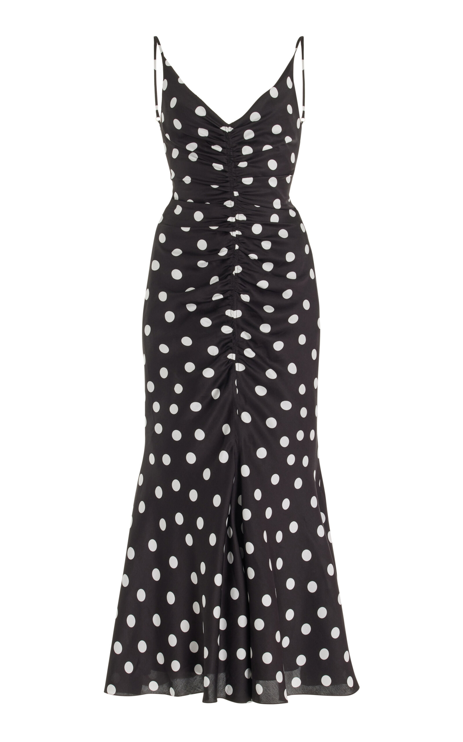 Shop Carolina Herrera Ruched Polka-dot Midi Dress In Black,white