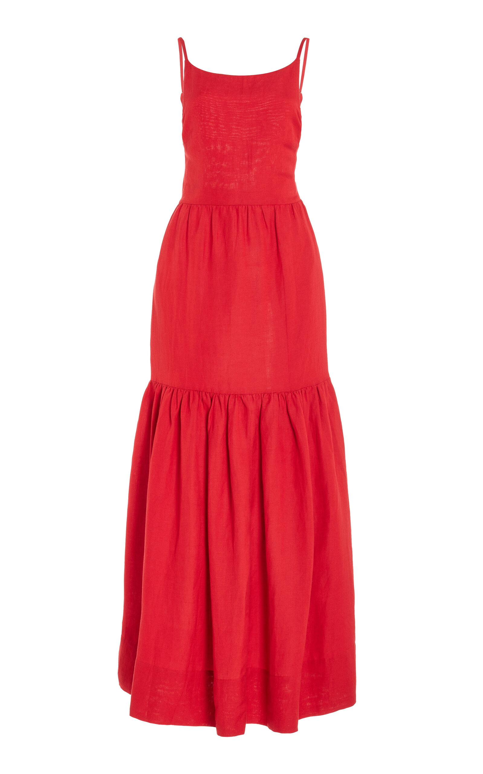 Posse Elise Tiered Linen-blend Maxi Dress In Red
