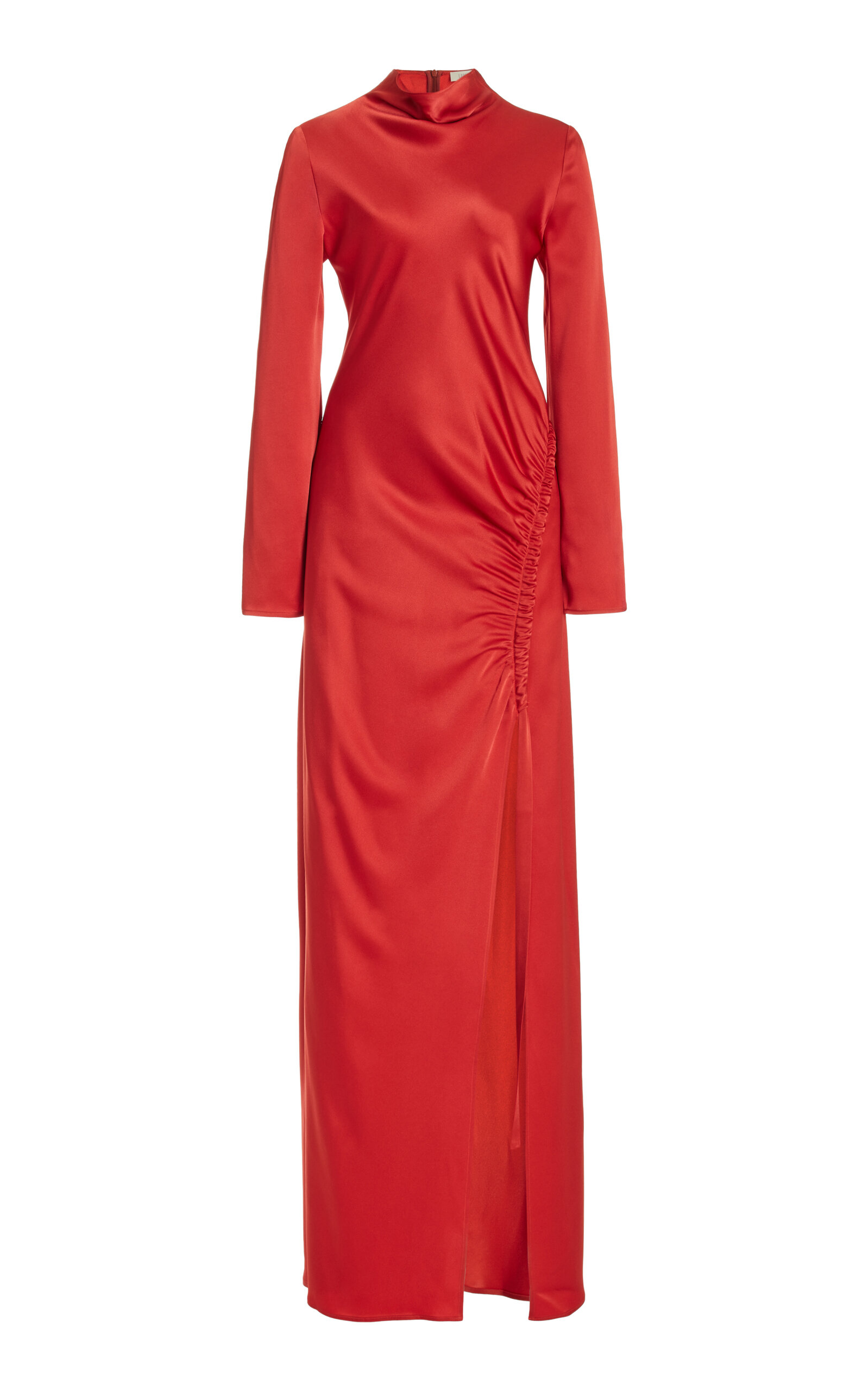 Shop Lapointe Gathered Satin Maxi Dress In Red