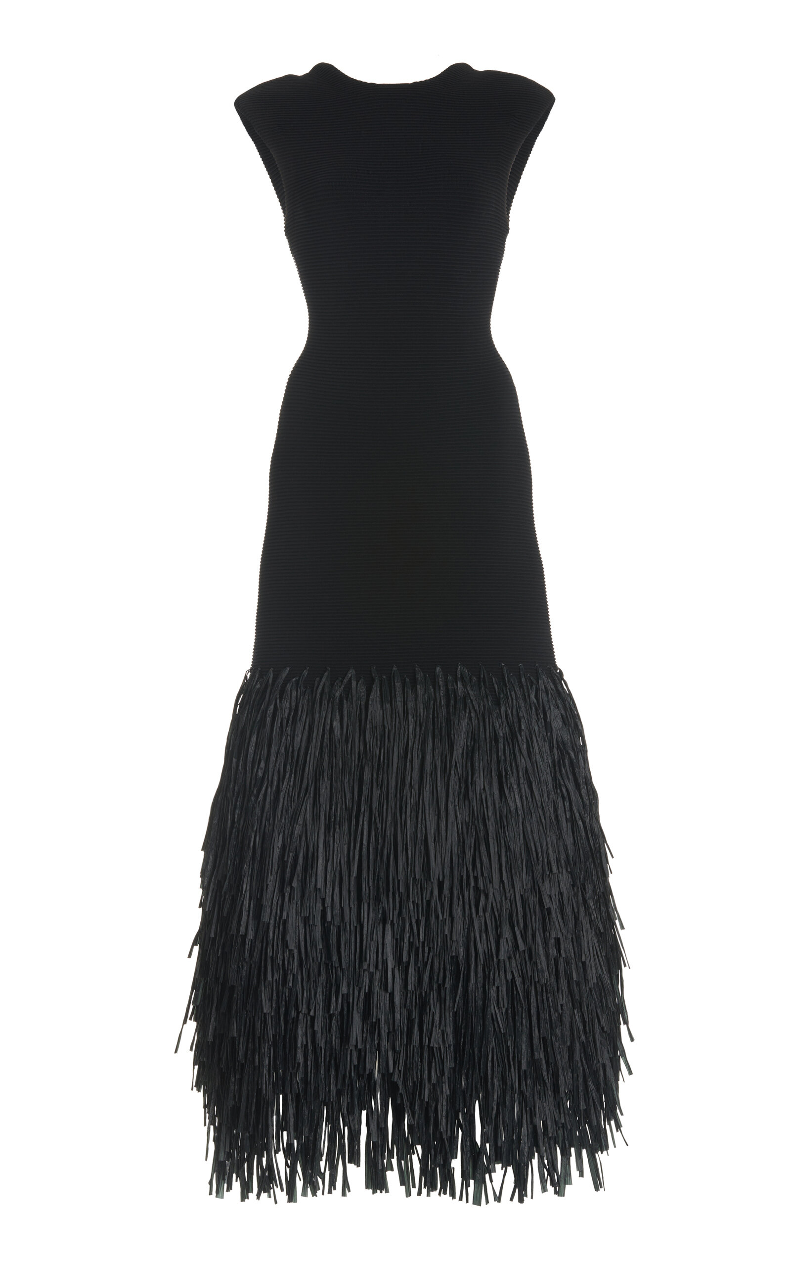 Aje Rushes Raffia-trimmed Knit Midi Dress In Black