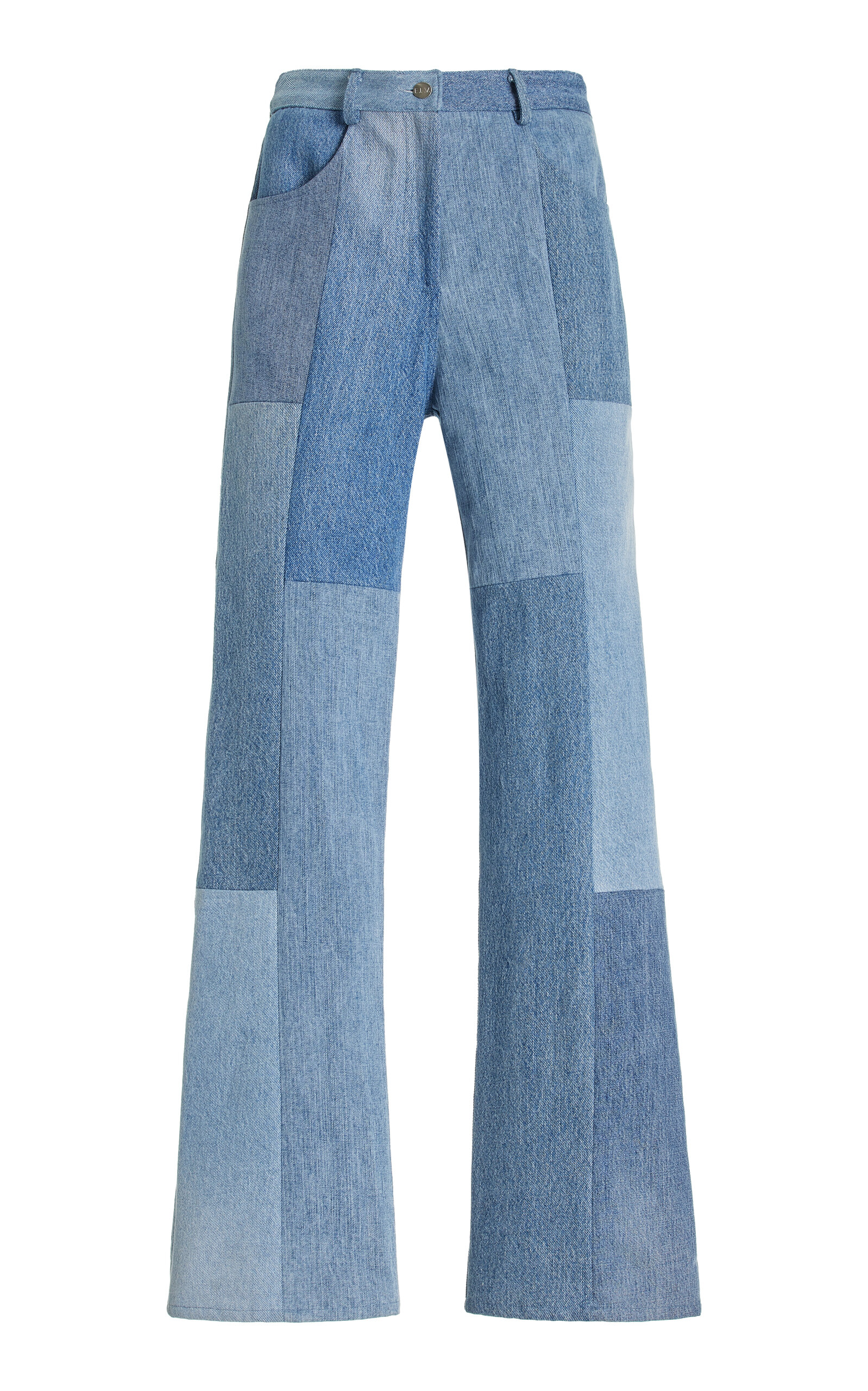 E.l.v Denim Patchwork Stretch High-rise Flared-leg Jeans In Medium Wash