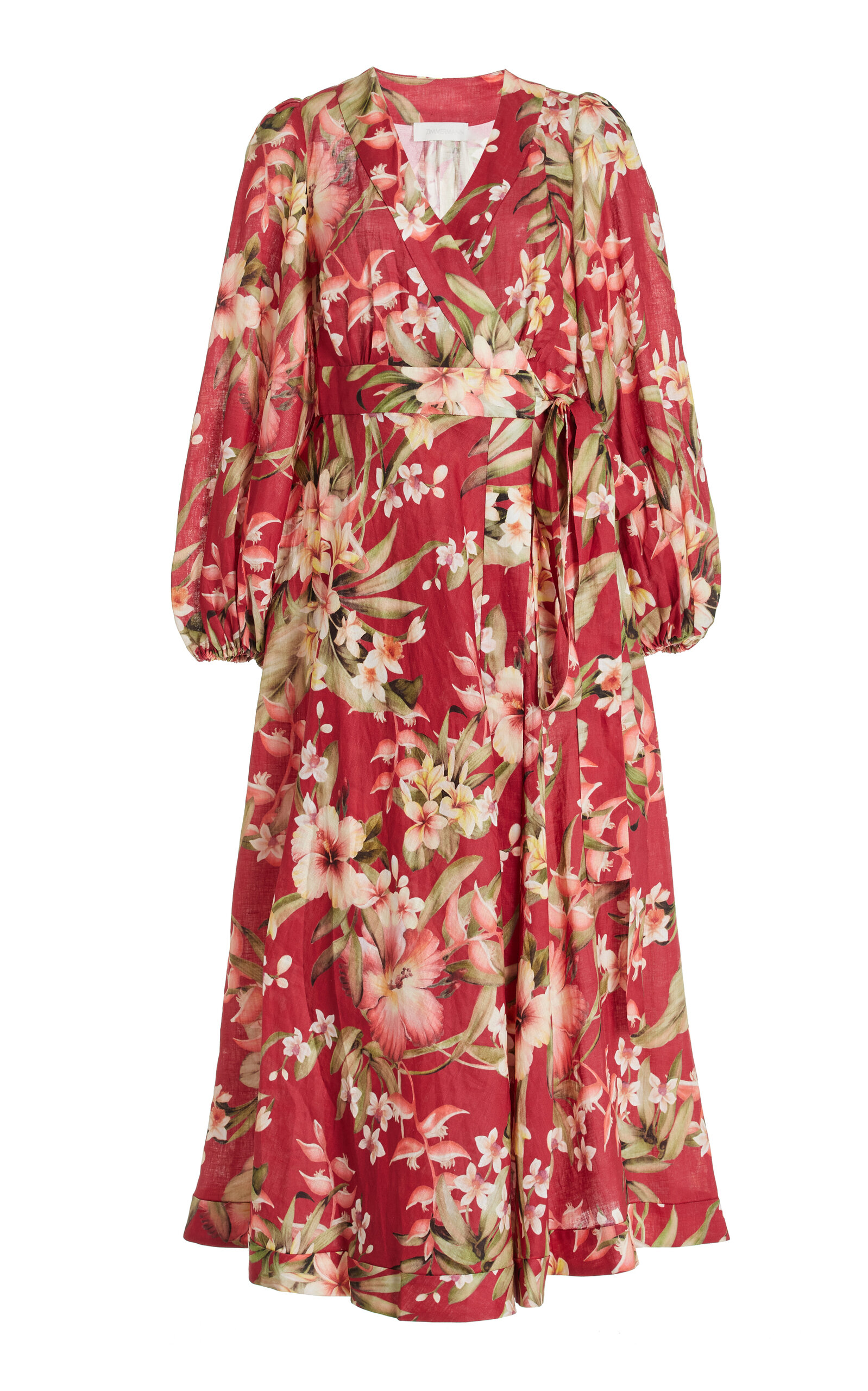 Shop Zimmermann Lexi Floral Linen Maxi Wrap Dress In Red