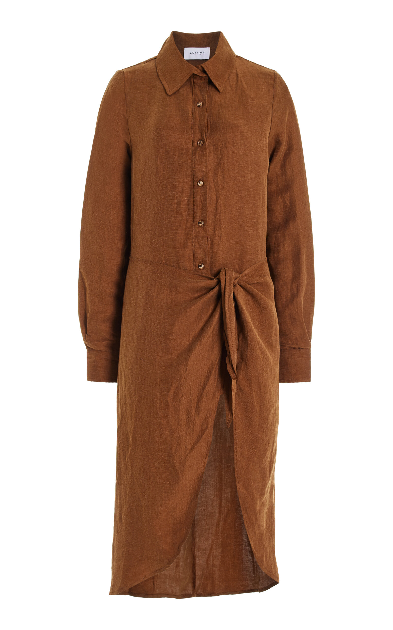 Anemos The L.a. Linen-blend Midi Wrap Shirt Dress In Brown