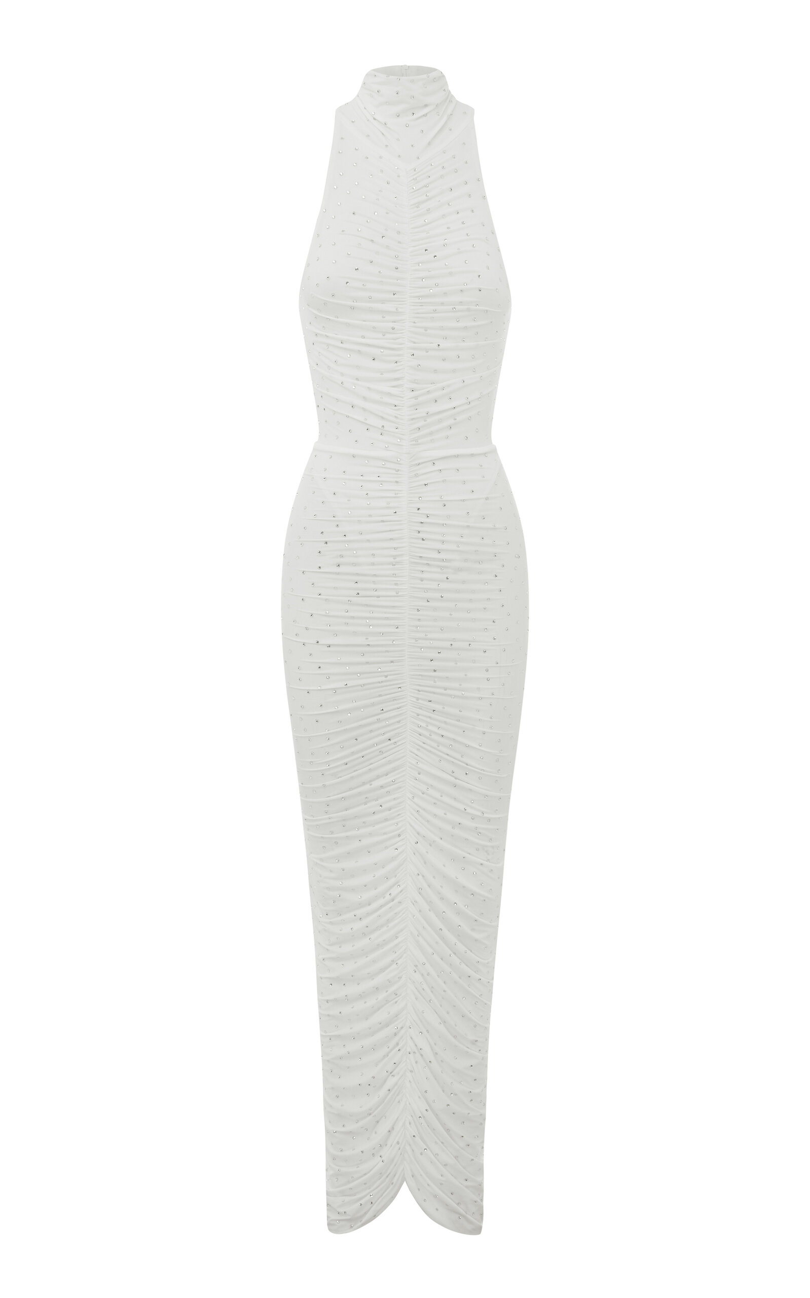 Alex Perry Turtleneck Ruched Crystal Jersey Column Dress In White