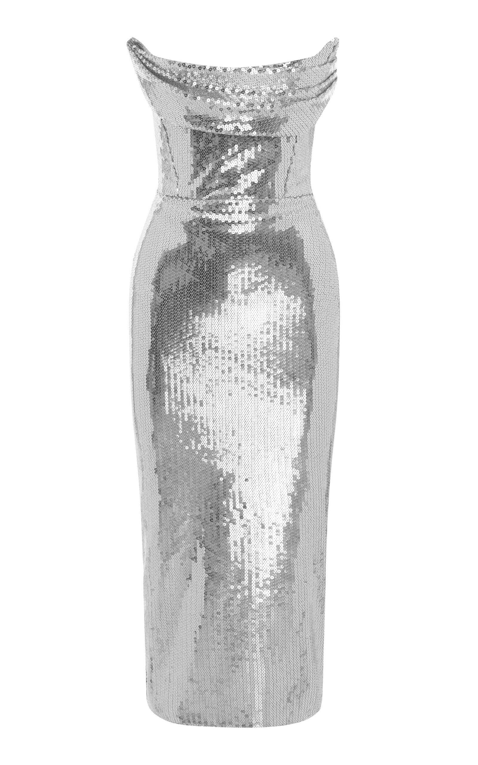 Shop Alex Perry Draped Strapless Sequined Midi Dress In Silver
