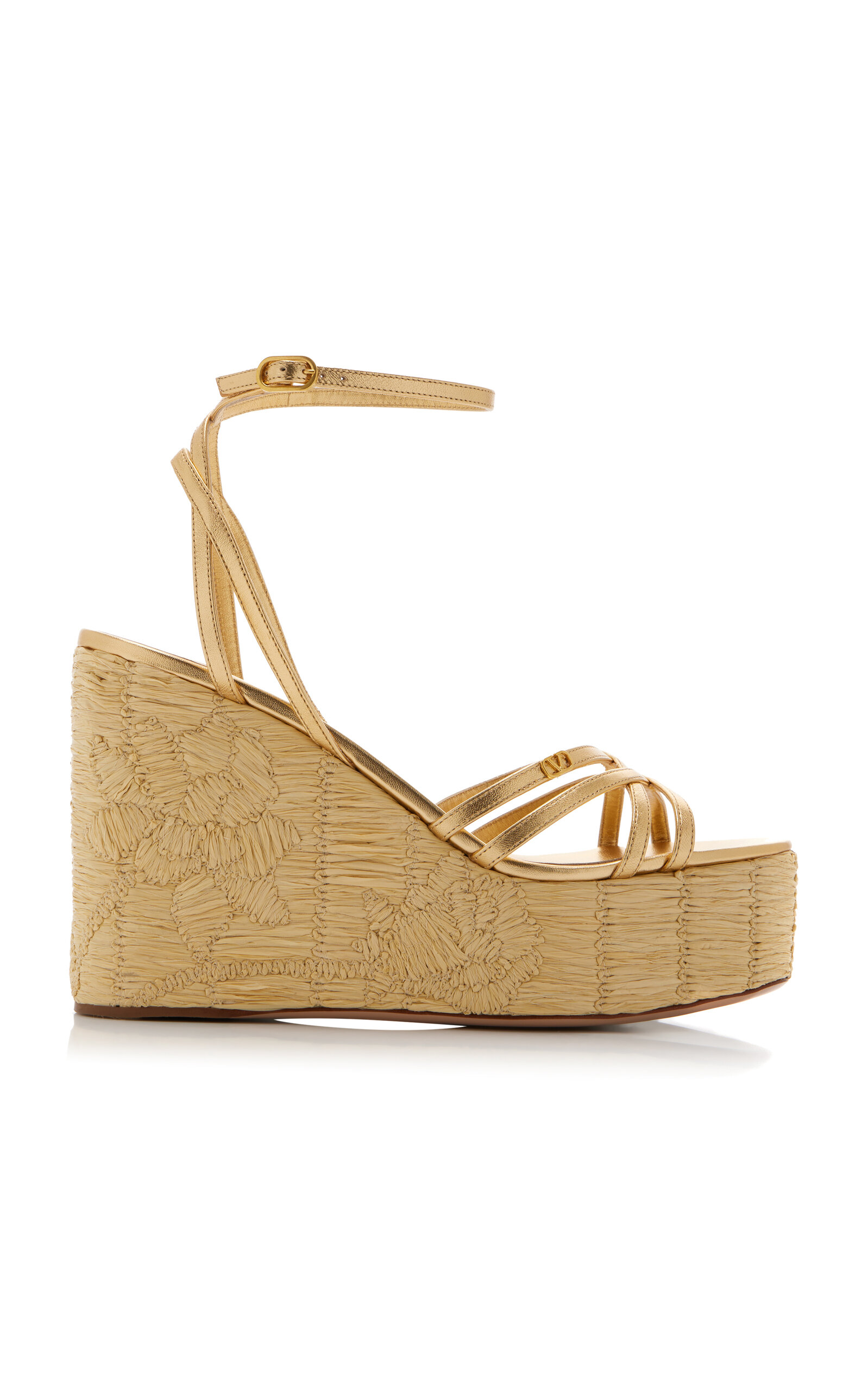 Shop Valentino Raflower Raffia Wedge Sandals In Gold