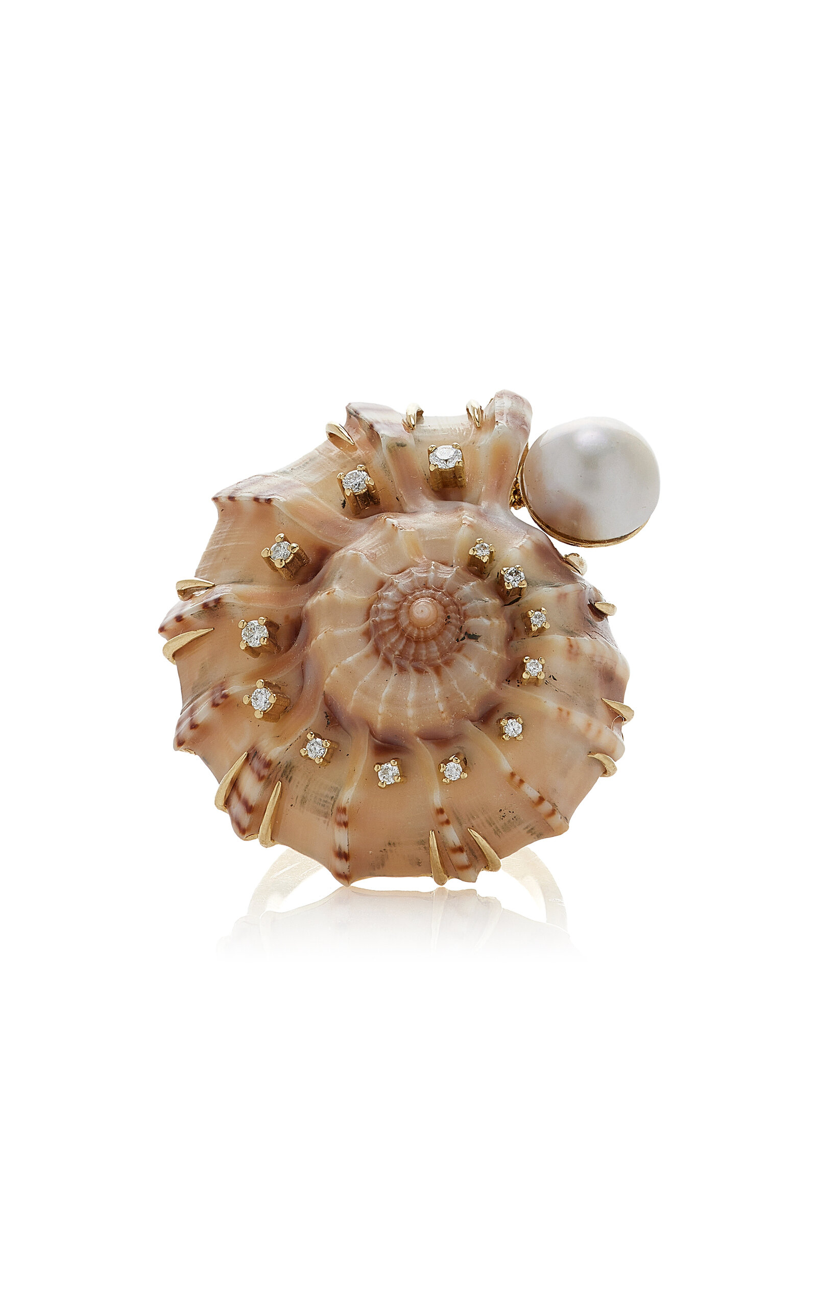 Silvia Furmanovich 18k Yellow Gold Spiral Shell Ring With Diamond And Pearl In Pink