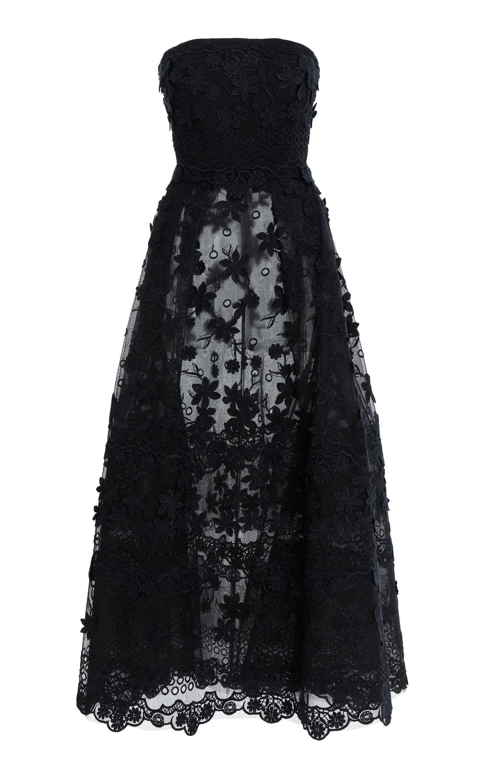 Elie Saab Floral-embroidered Tulle Strapless Midi Dress In Black