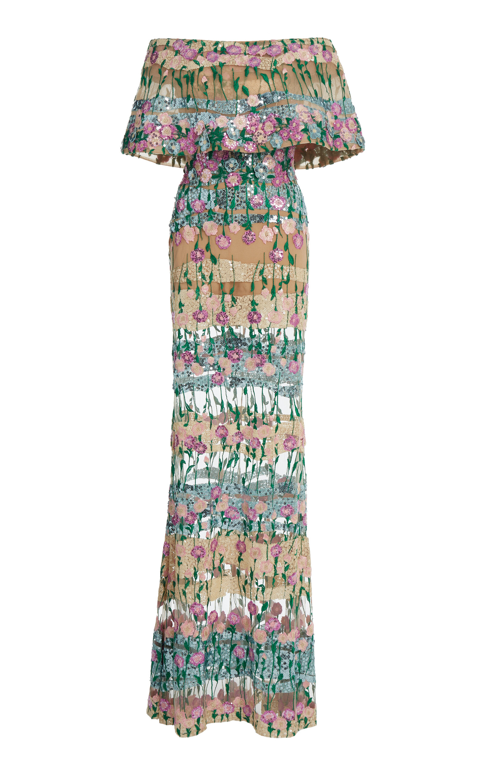 Elie Saab Off-the-shoulder Layered Floral-embroidered Tulle Dress In Multi