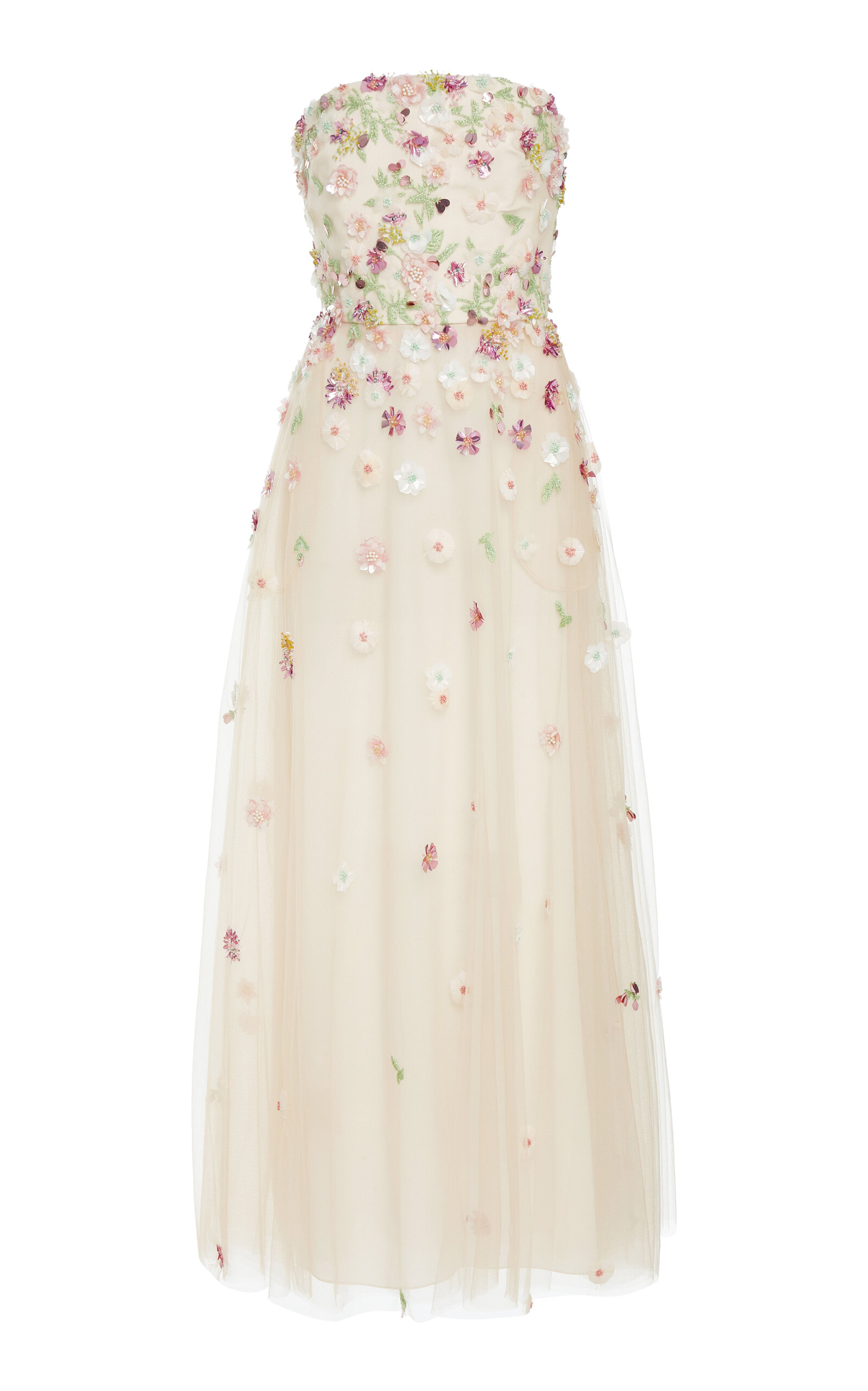 Elie Saab Floral-embroidered Tulle Strapless Midi Dress In Multi