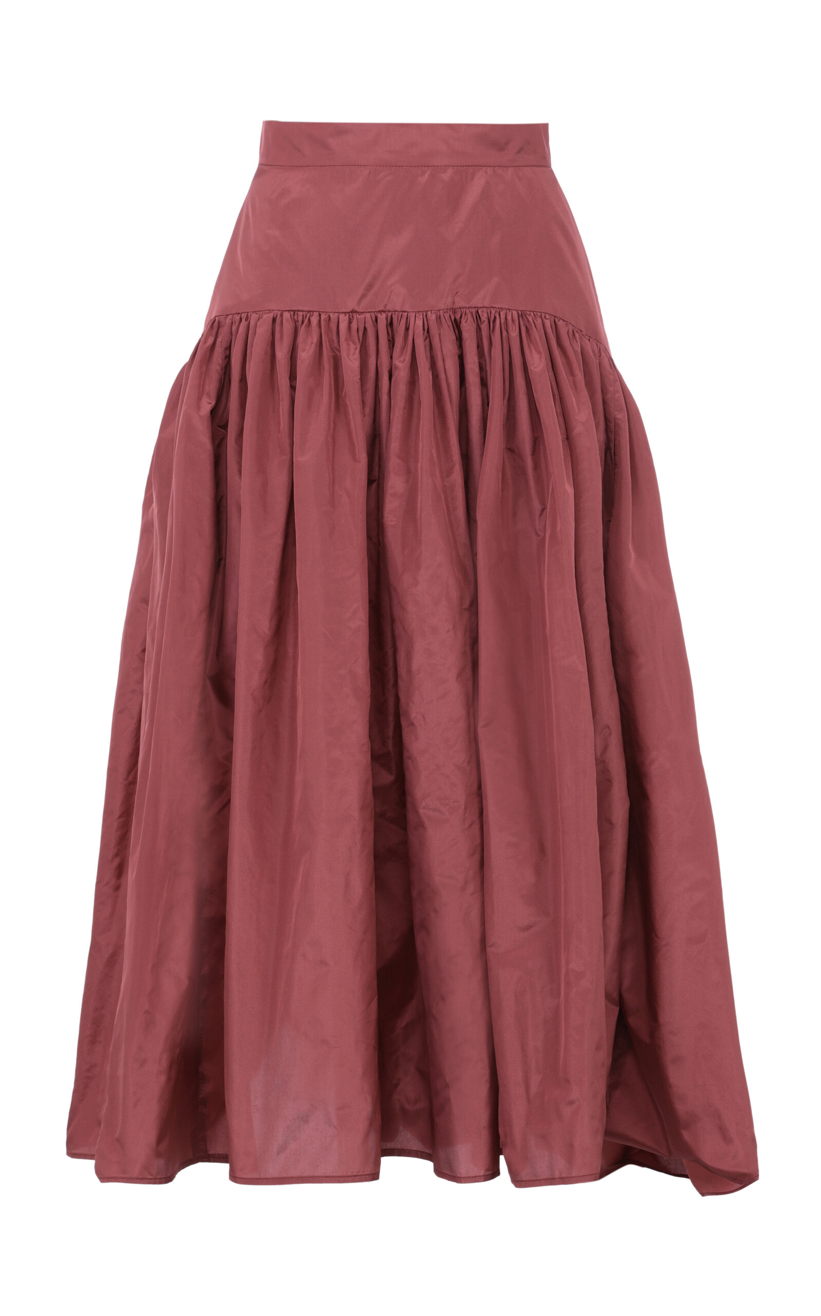 Gathered Drop-Waist Silk Midi Skirt