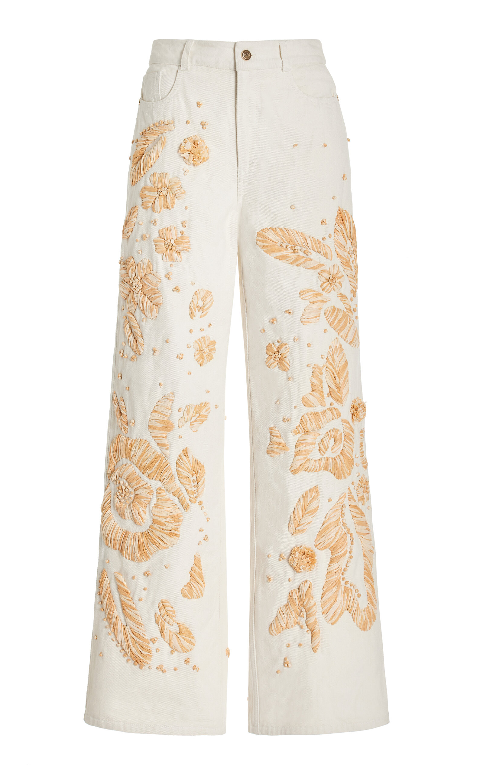 Shop Cult Gaia Jarli Embroidered Cotton Wide-leg Pants In Neutral